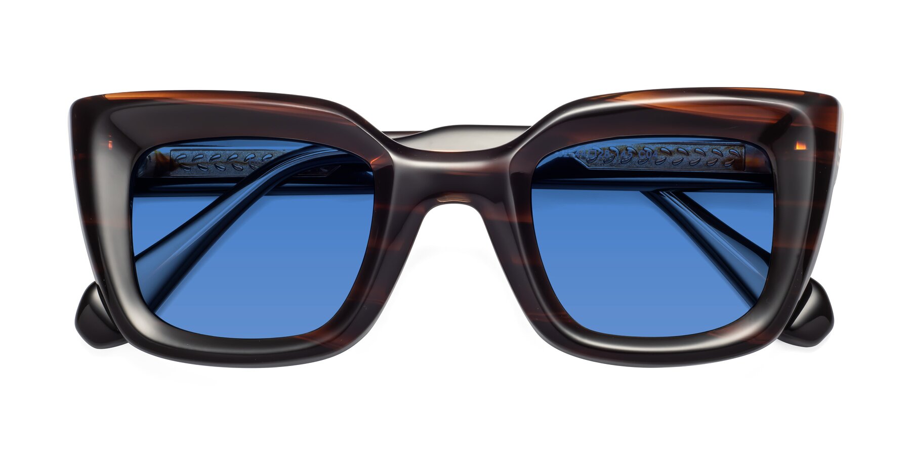 Folded Front of Homan in Dark Brown with Blue Tinted Lenses