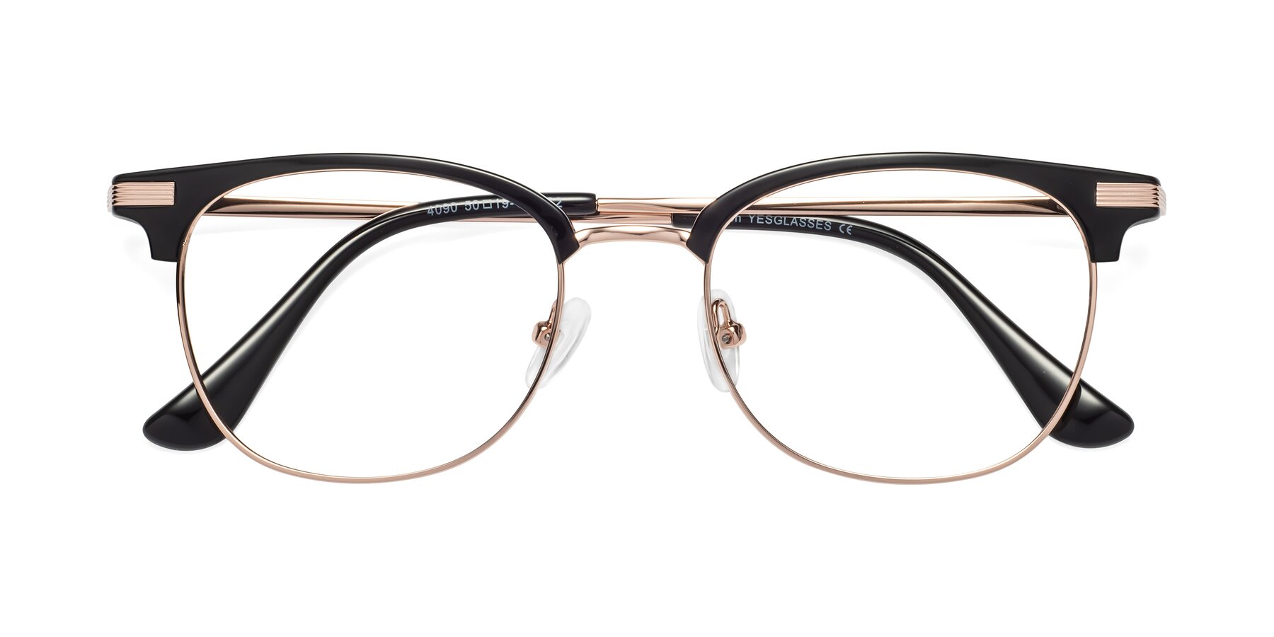 Folded Front of Olson in Black-Rose Gold with Clear Eyeglass Lenses