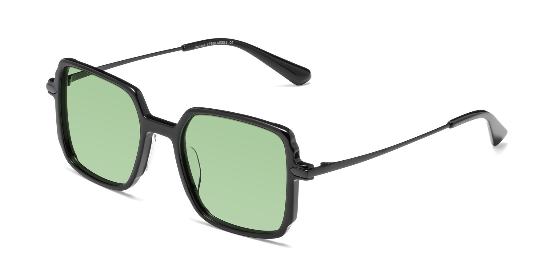 Angle of Darlene in Black with Medium Green Tinted Lenses