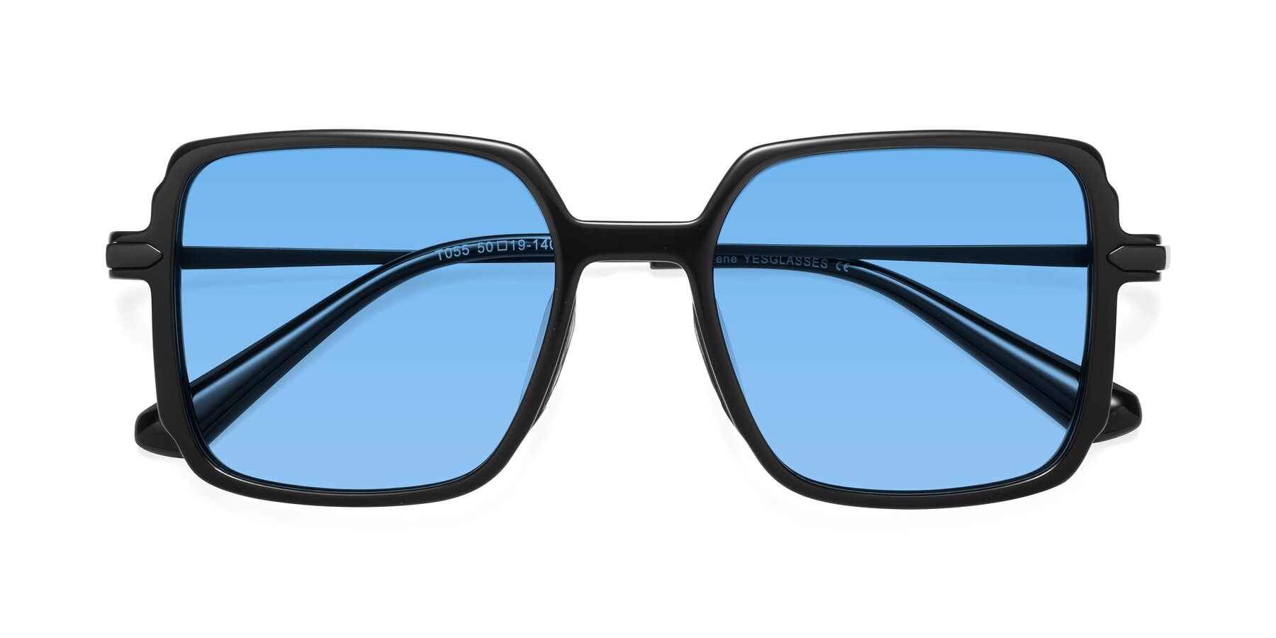 Folded Front of Darlene in Black with Medium Blue Tinted Lenses