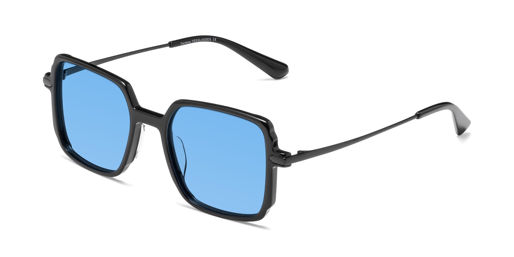 Angle of Darlene in Black with Medium Blue Tinted Lenses