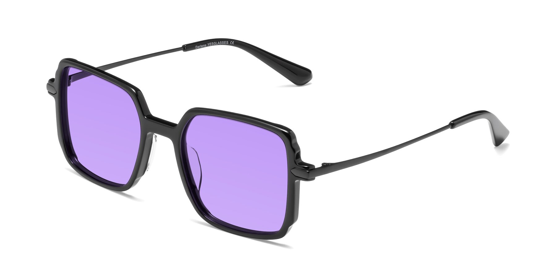 Angle of Darlene in Black with Medium Purple Tinted Lenses