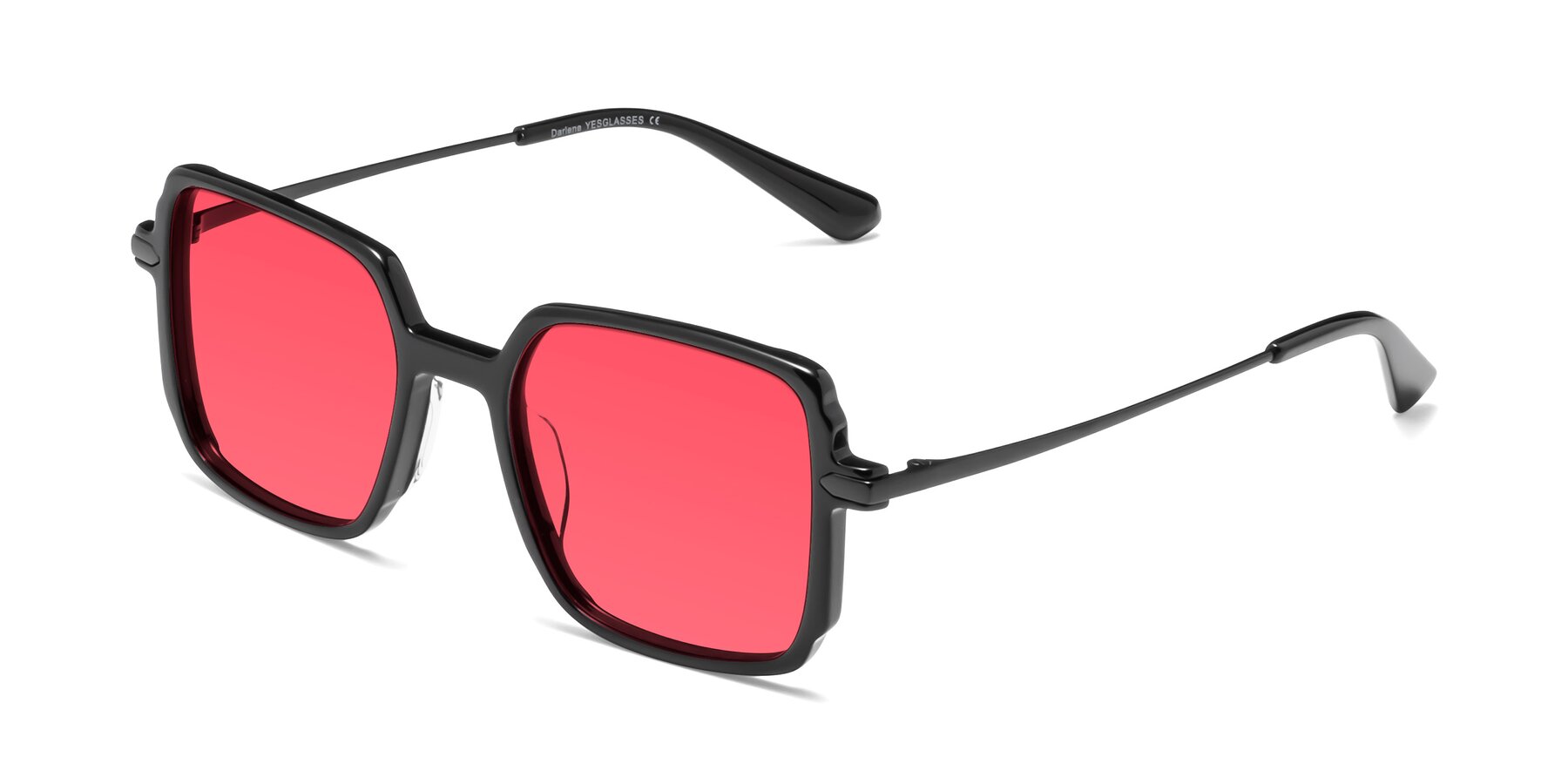 Angle of Darlene in Black with Red Tinted Lenses