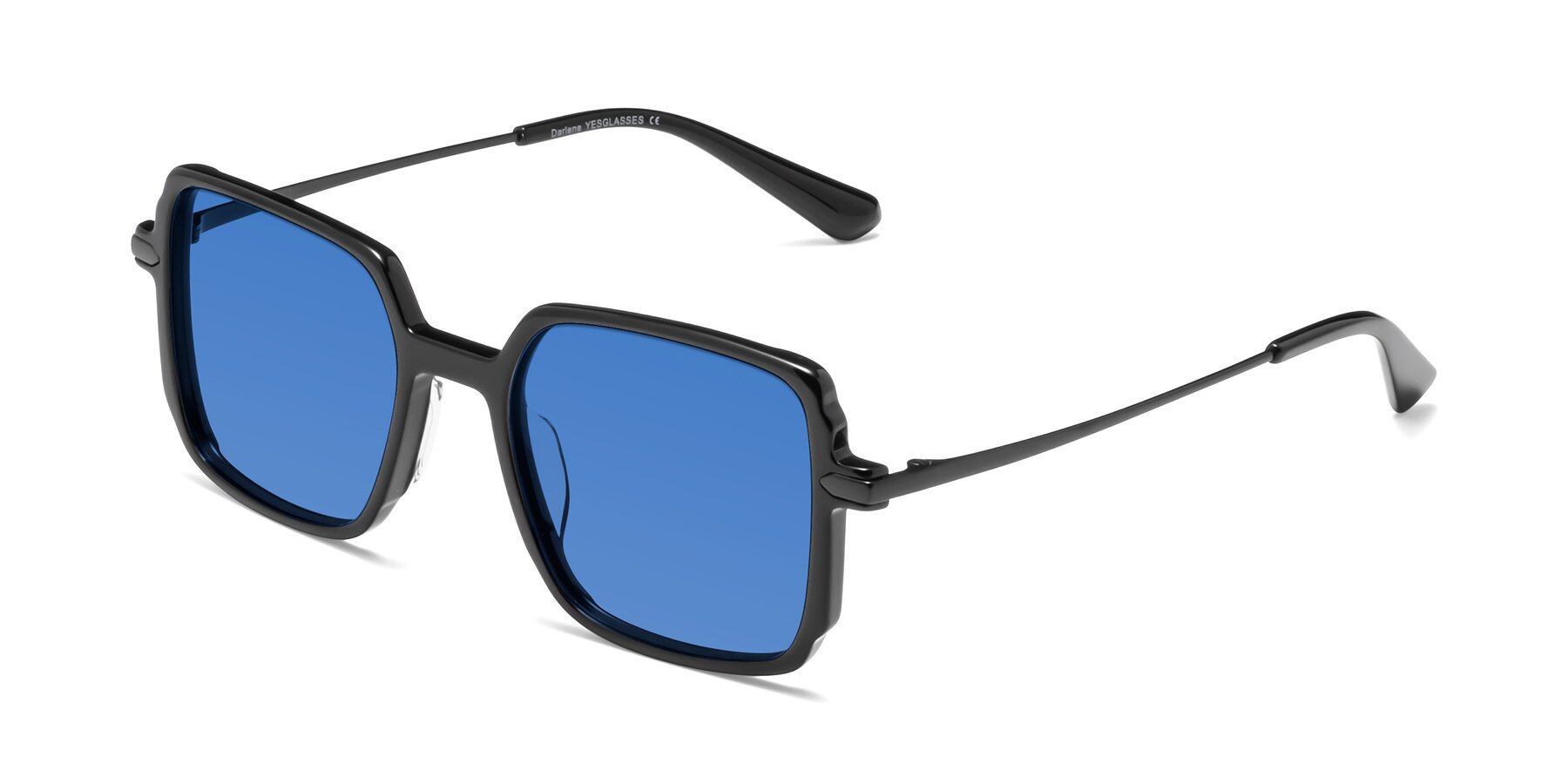 Angle of Darlene in Black with Blue Tinted Lenses