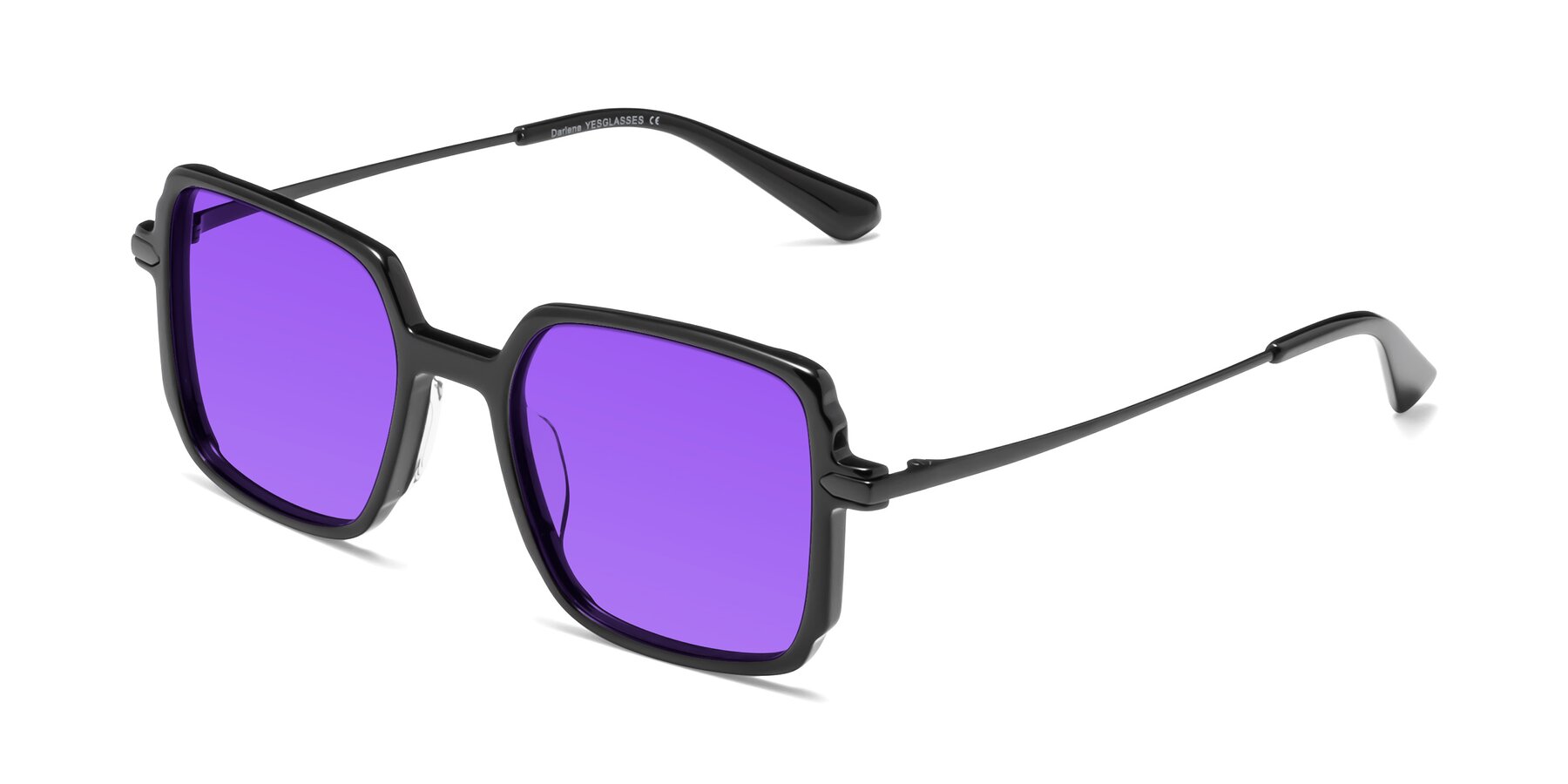 Angle of Darlene in Black with Purple Tinted Lenses