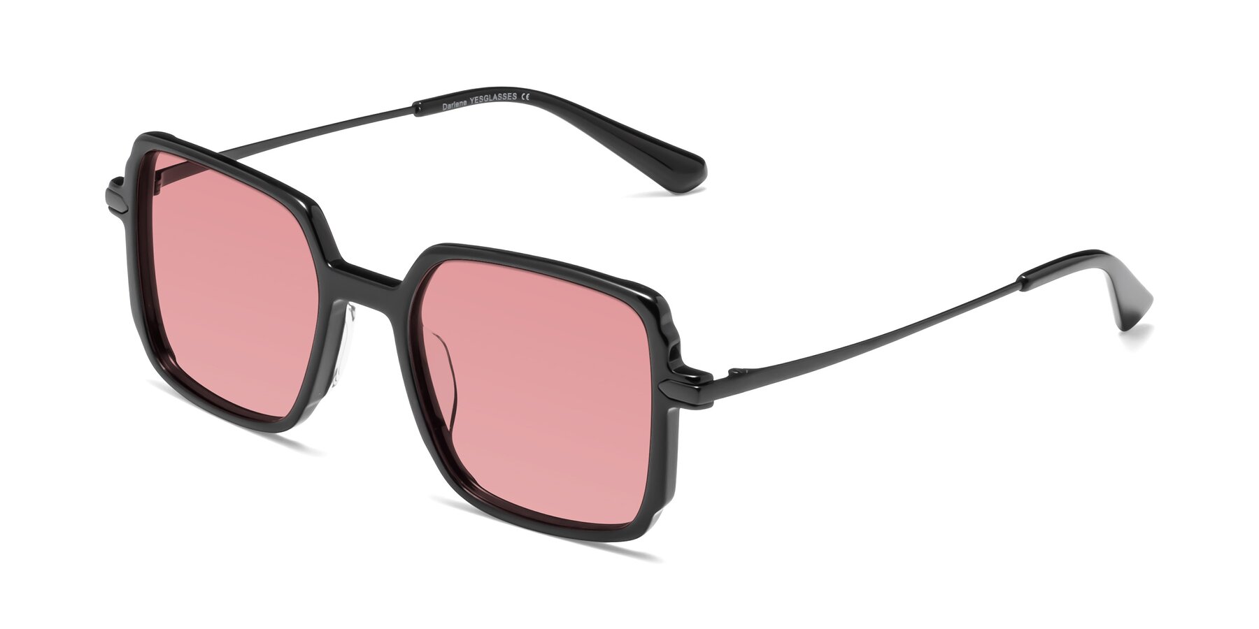 Angle of Darlene in Black with Medium Garnet Tinted Lenses