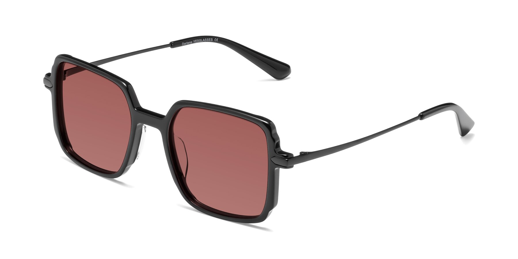 Angle of Darlene in Black with Garnet Tinted Lenses