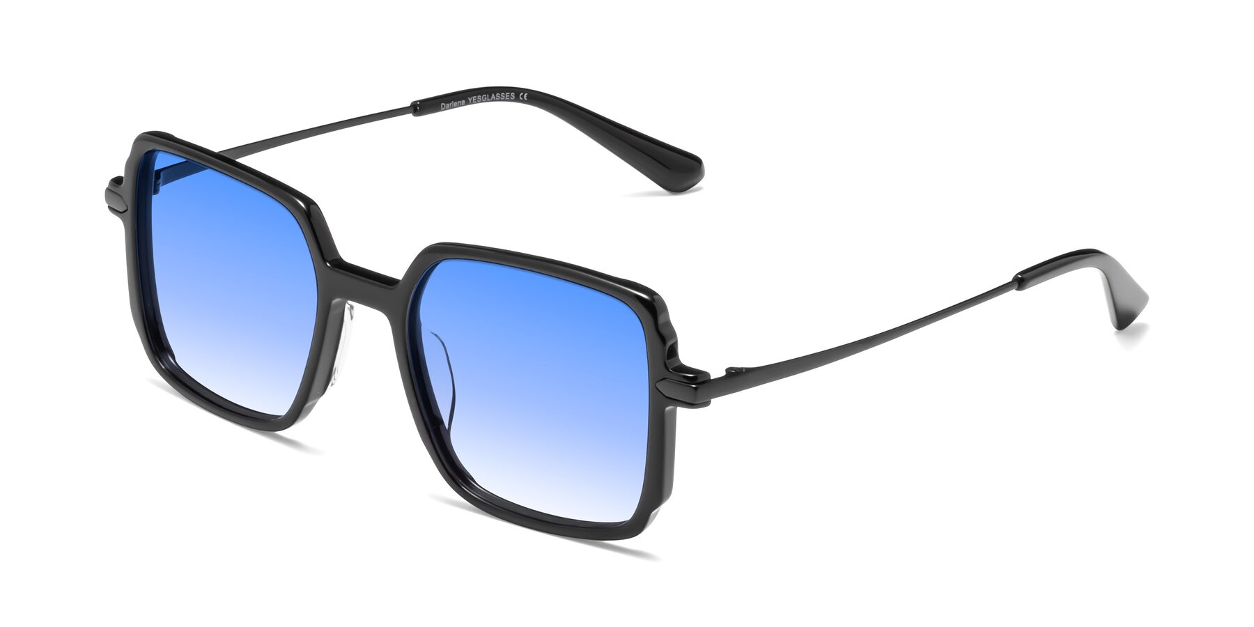 Angle of Darlene in Black with Blue Gradient Lenses