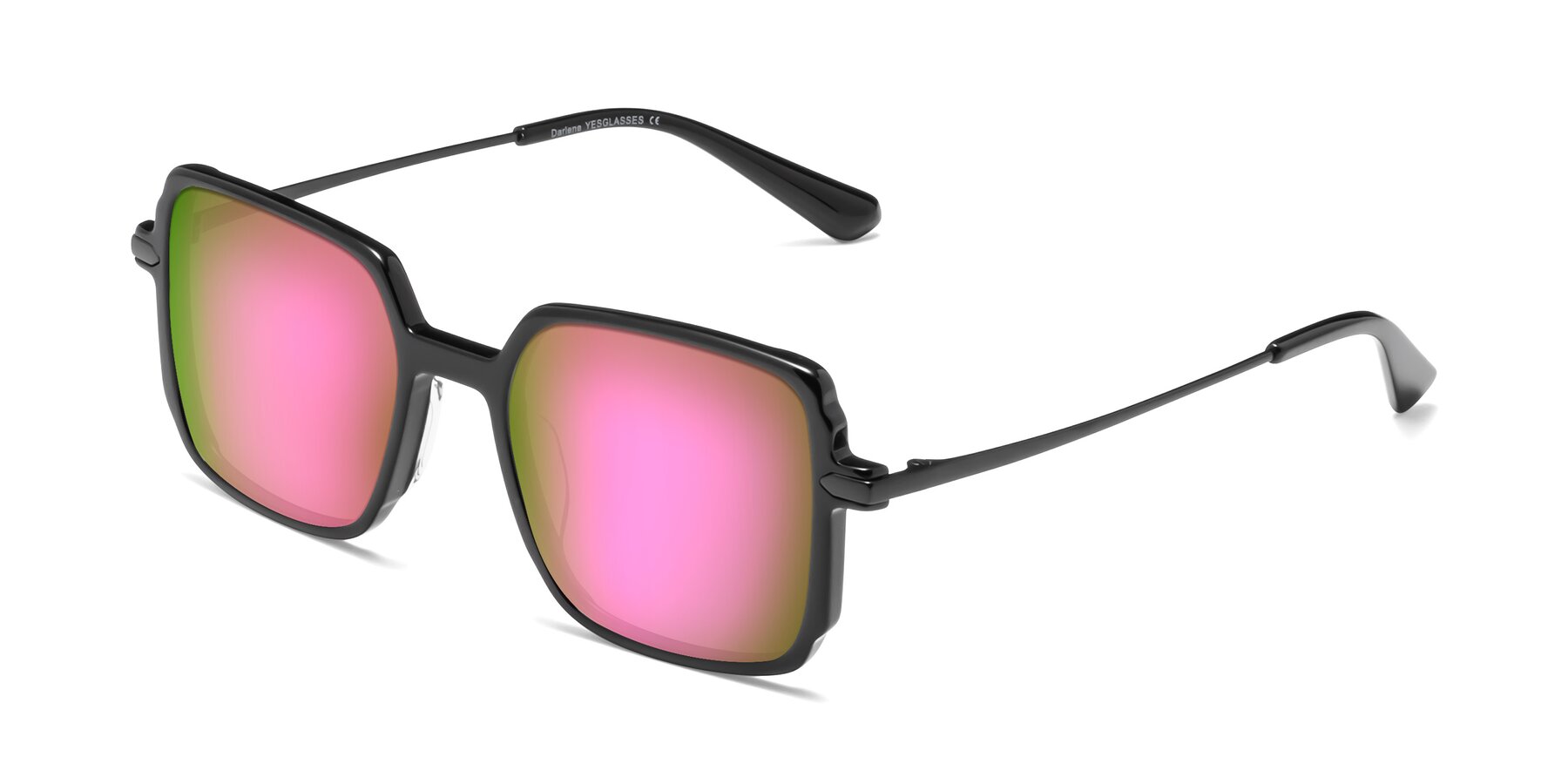 Angle of Darlene in Black with Pink Mirrored Lenses