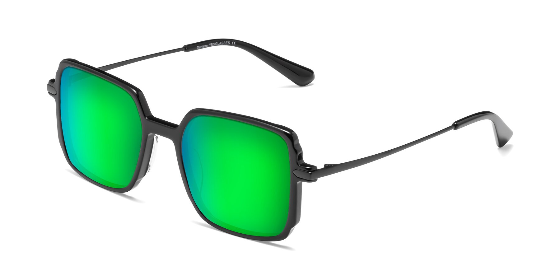 Angle of Darlene in Black with Green Mirrored Lenses