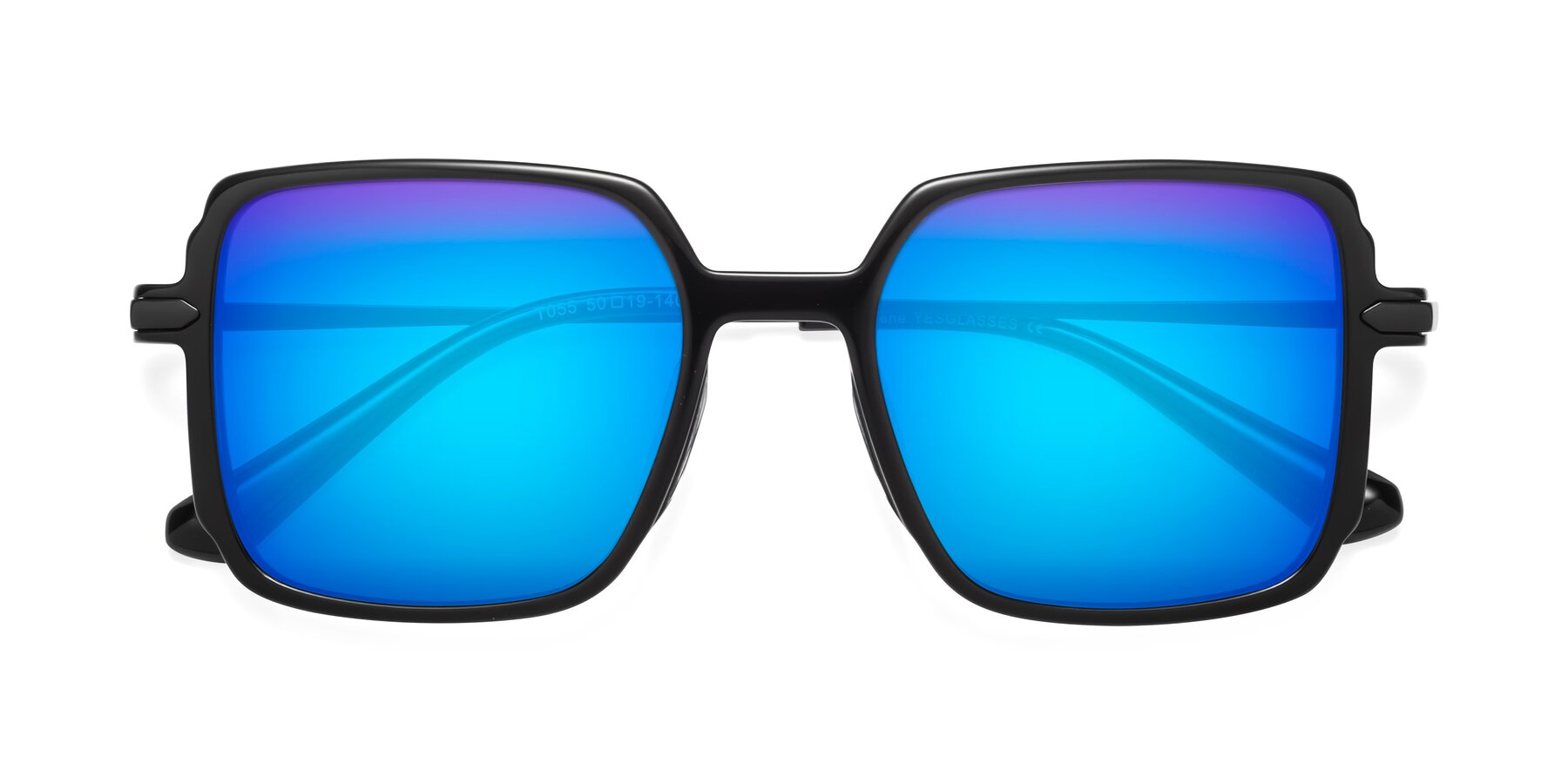 Folded Front of Darlene in Black with Blue Mirrored Lenses