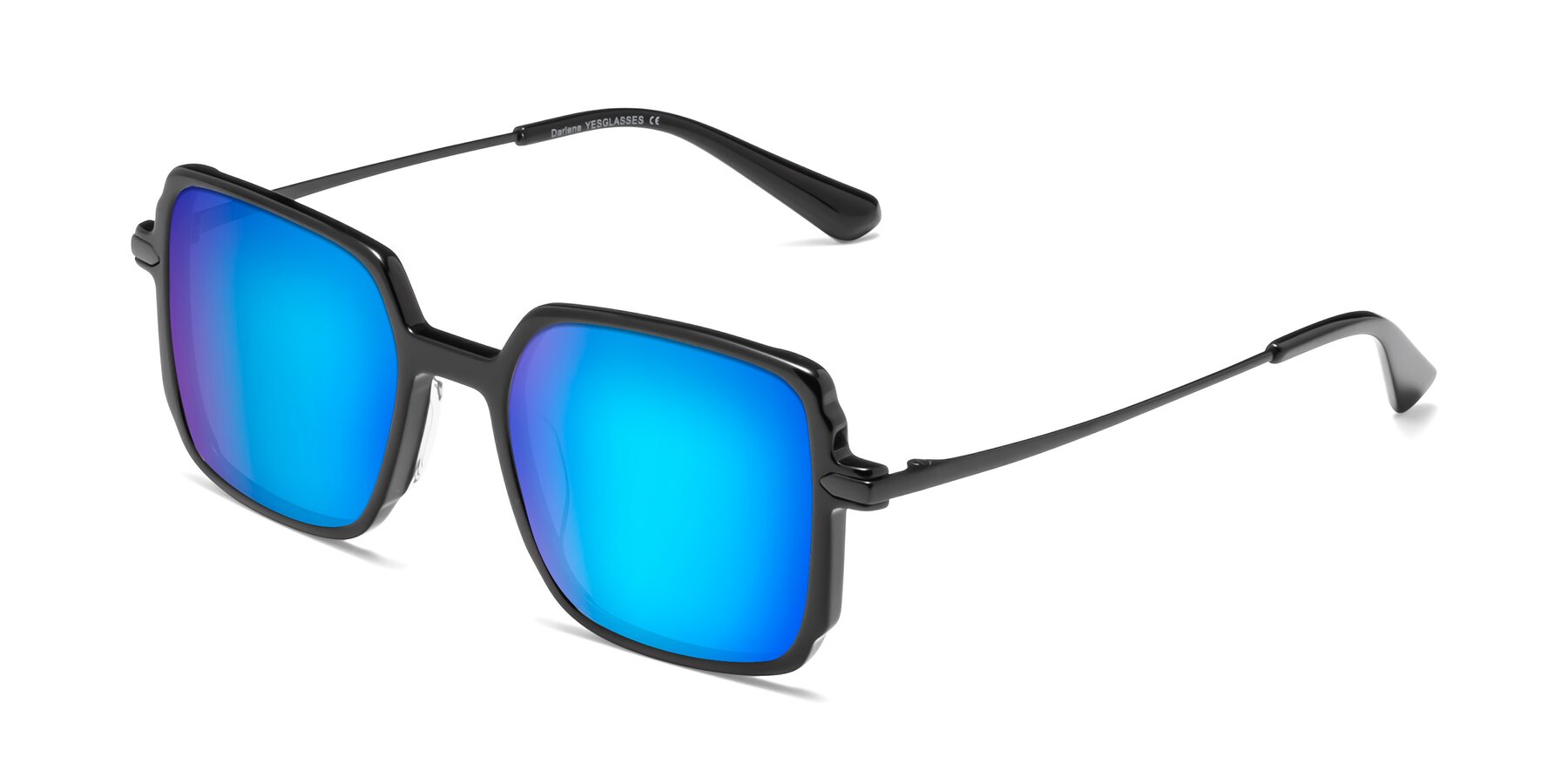Angle of Darlene in Black with Blue Mirrored Lenses
