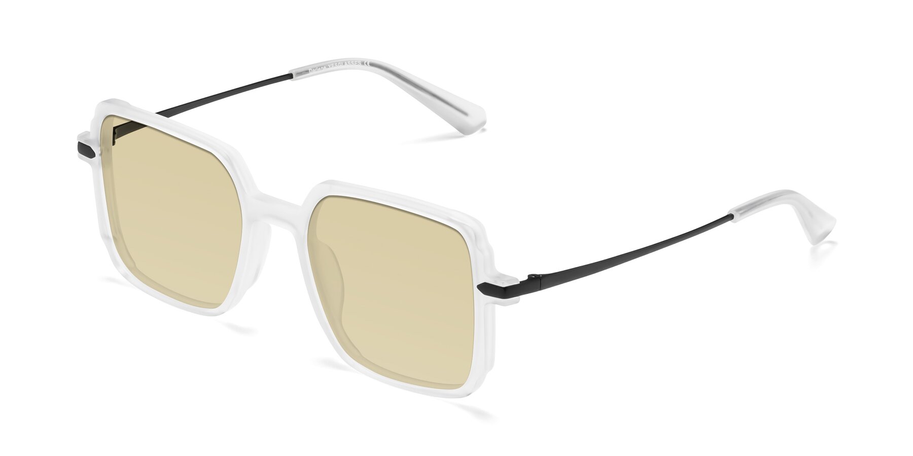 Angle of Darlene in White with Light Champagne Tinted Lenses