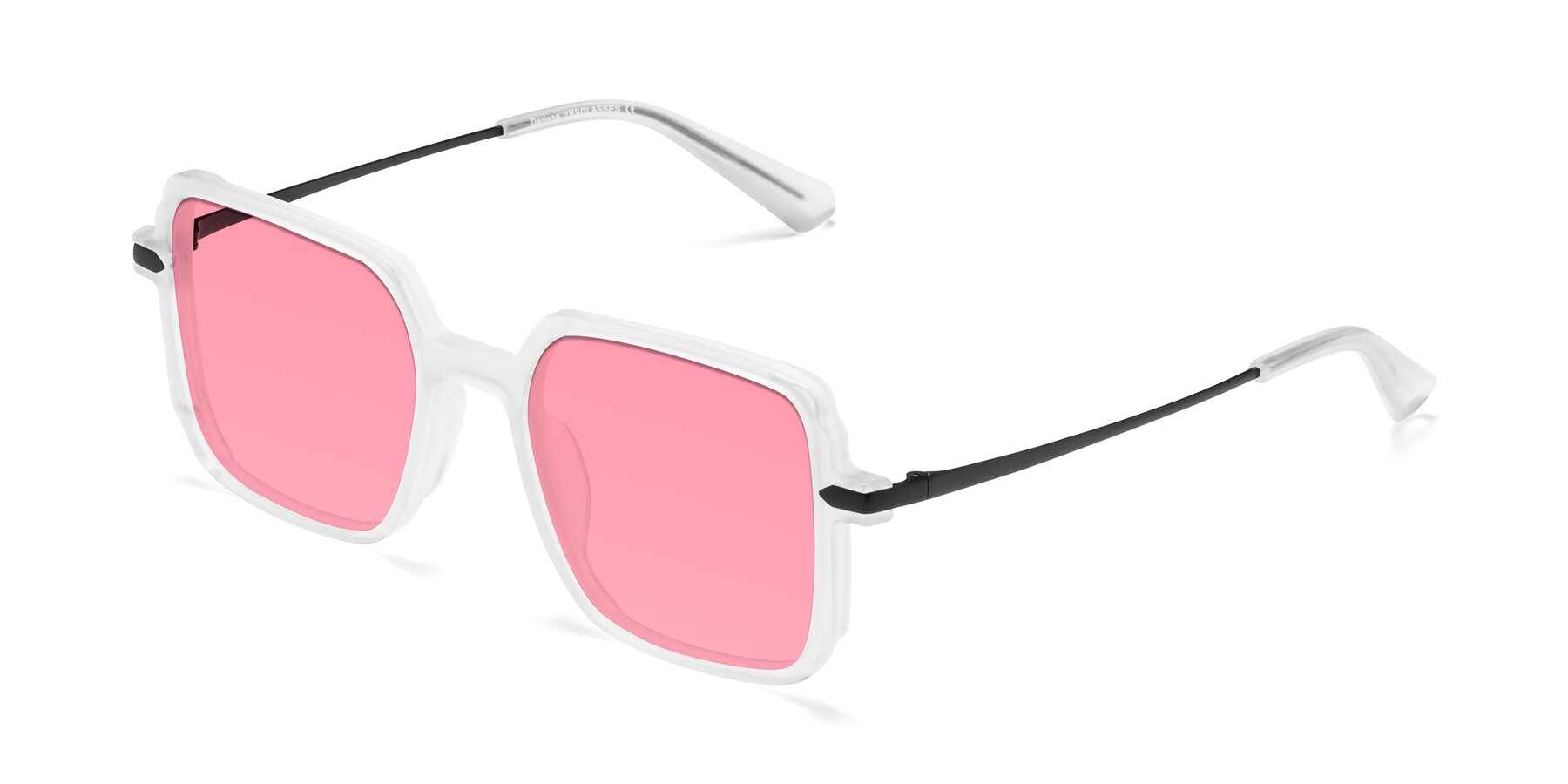 Angle of Darlene in White with Pink Tinted Lenses