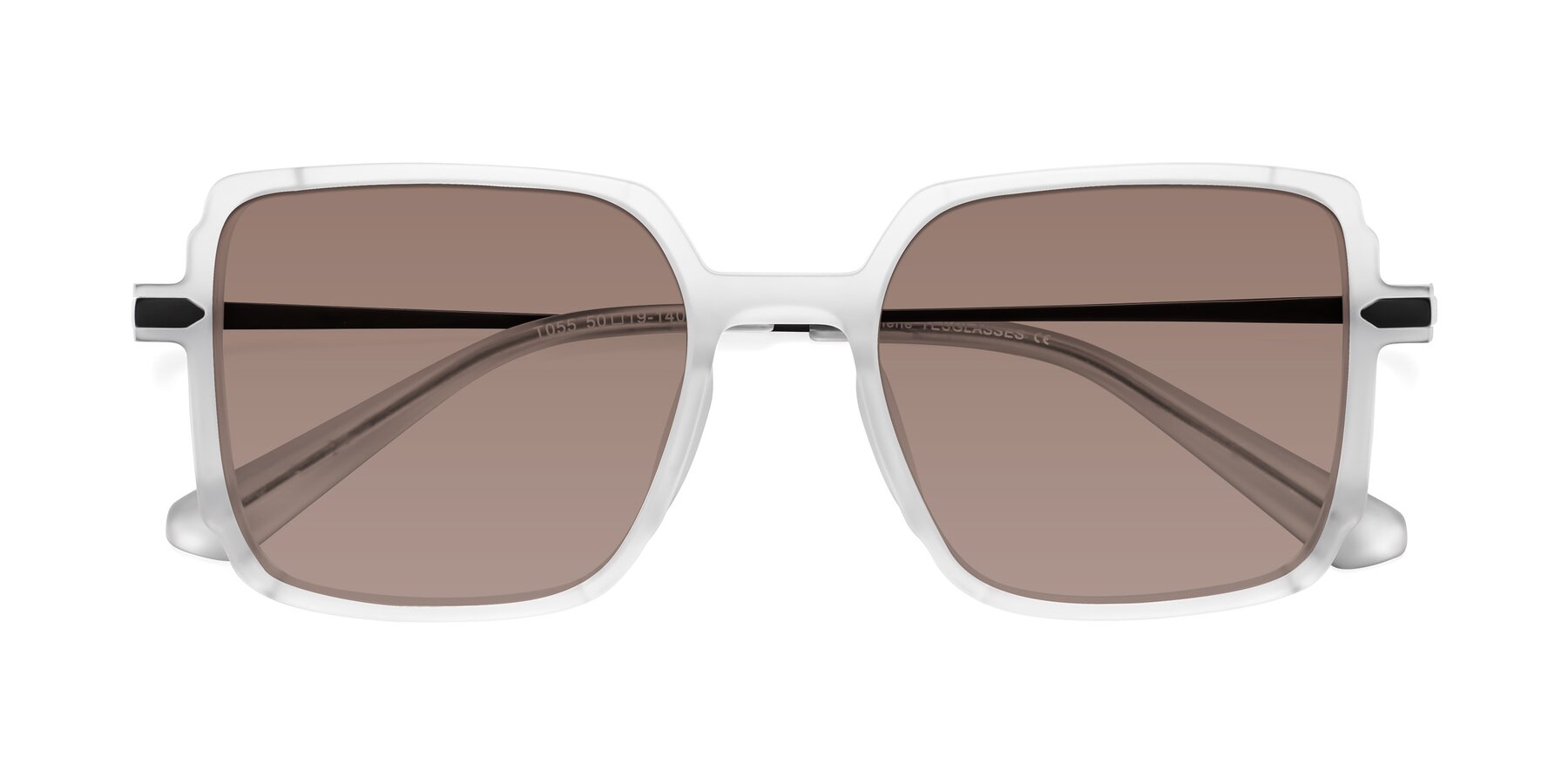 Folded Front of Darlene in White with Medium Brown Tinted Lenses