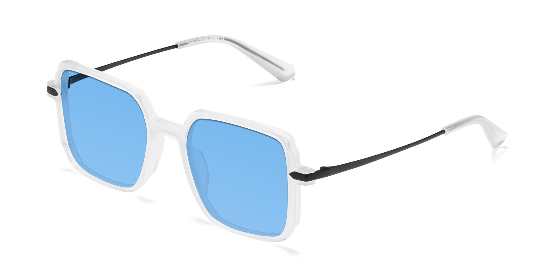 Angle of Darlene in White with Medium Blue Tinted Lenses