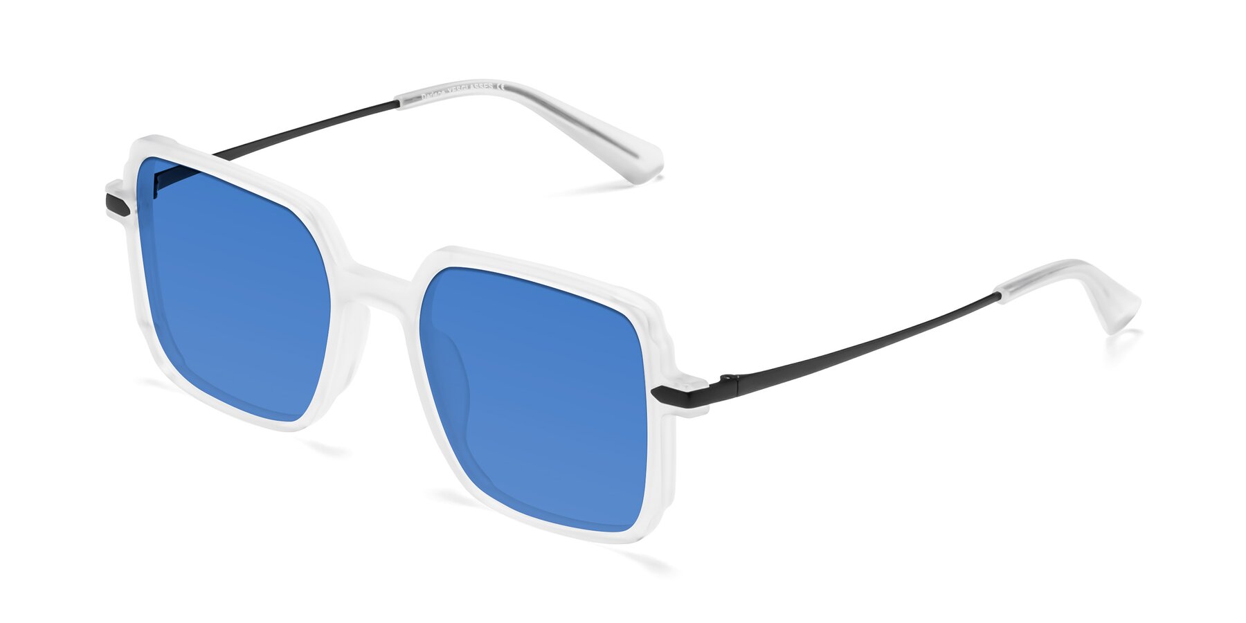Angle of Darlene in White with Blue Tinted Lenses