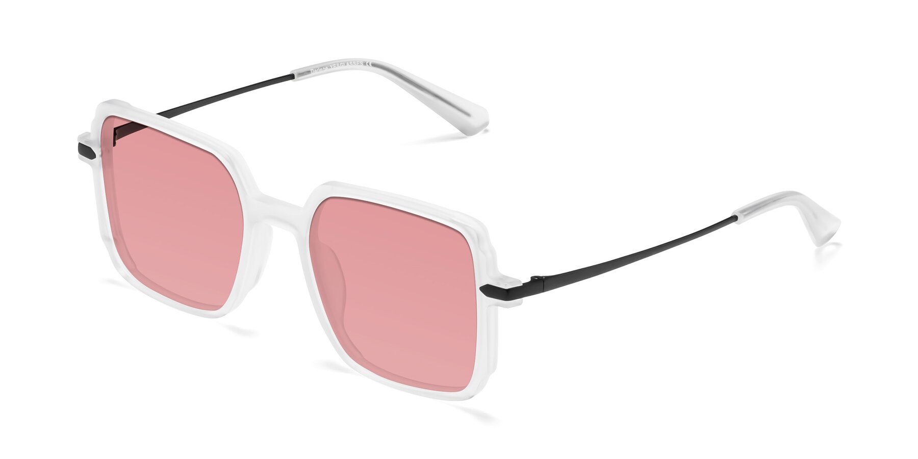 Angle of Darlene in White with Medium Garnet Tinted Lenses