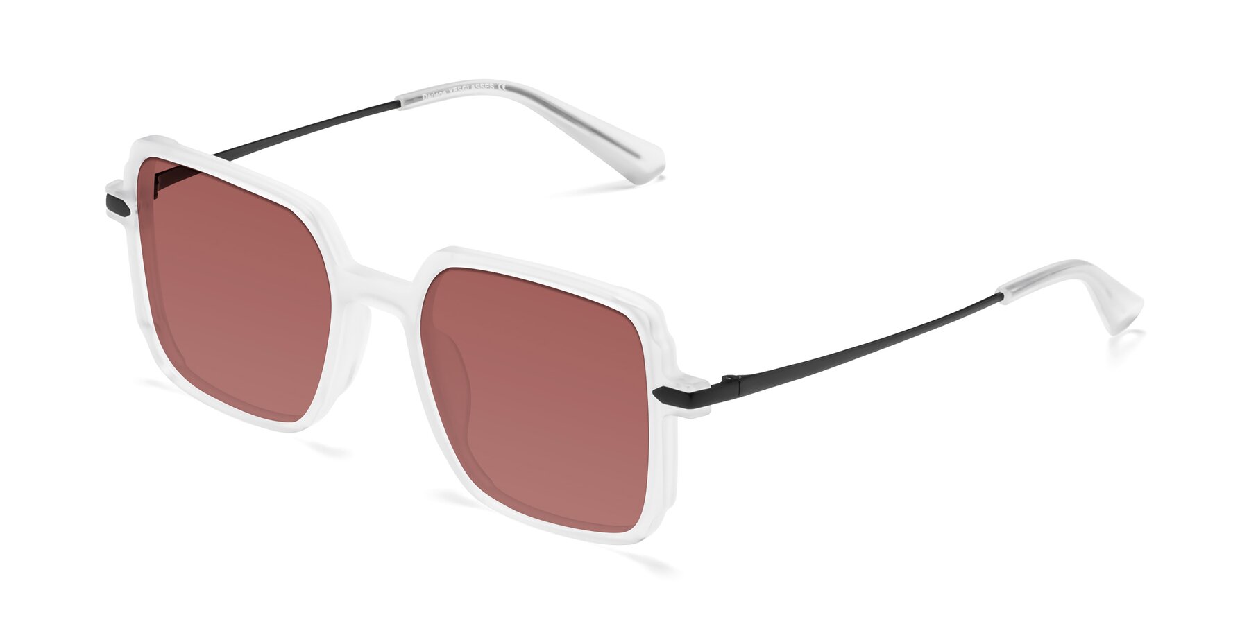 Angle of Darlene in White with Garnet Tinted Lenses