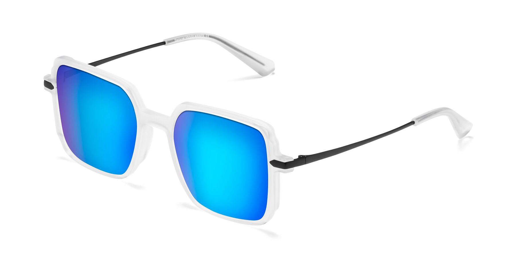 Angle of Darlene in White with Blue Mirrored Lenses