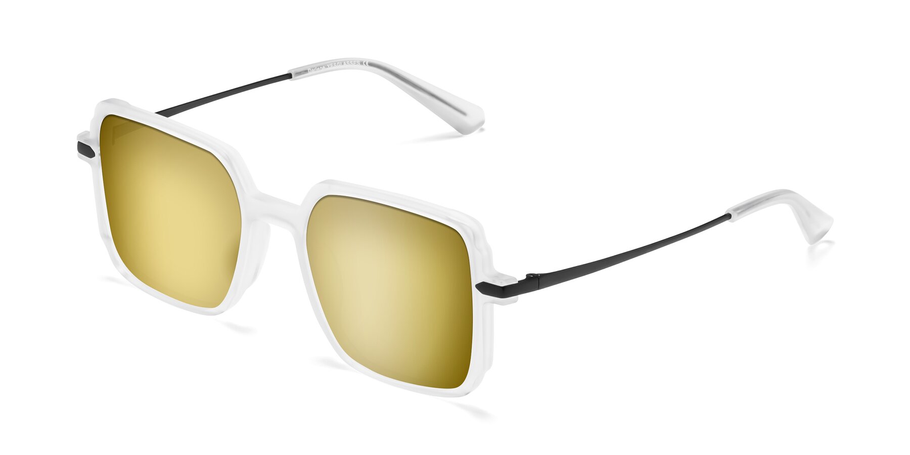 Angle of Darlene in White with Gold Mirrored Lenses
