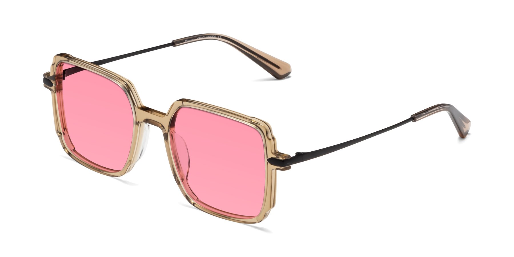Angle of Darlene in Amber with Pink Tinted Lenses