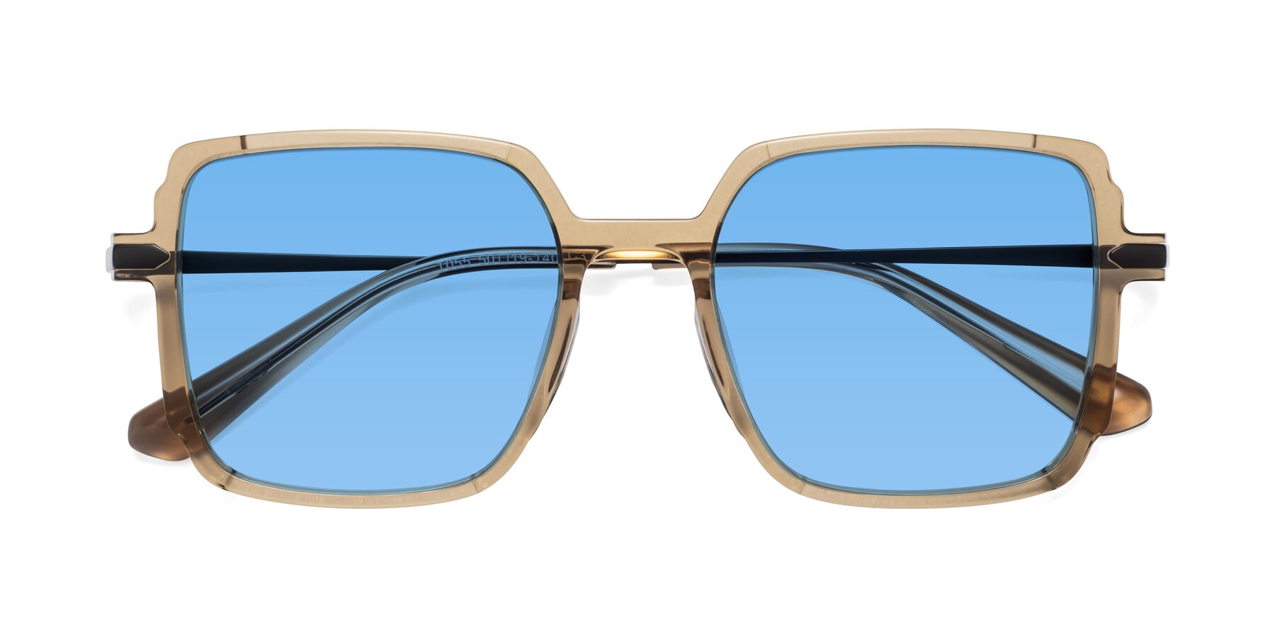 Folded Front of Darlene in Amber with Medium Blue Tinted Lenses