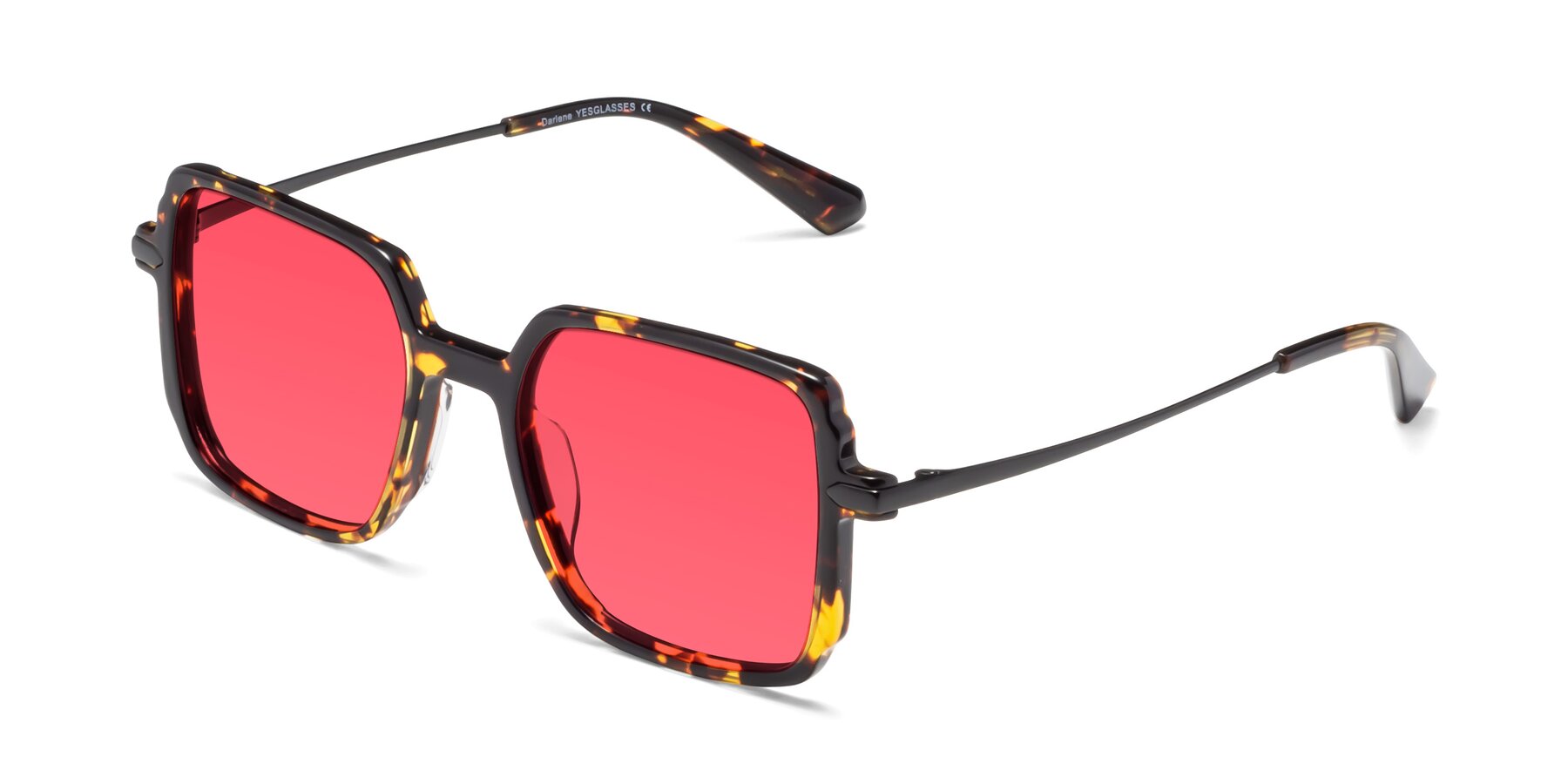 Angle of Darlene in Tortoise with Red Tinted Lenses