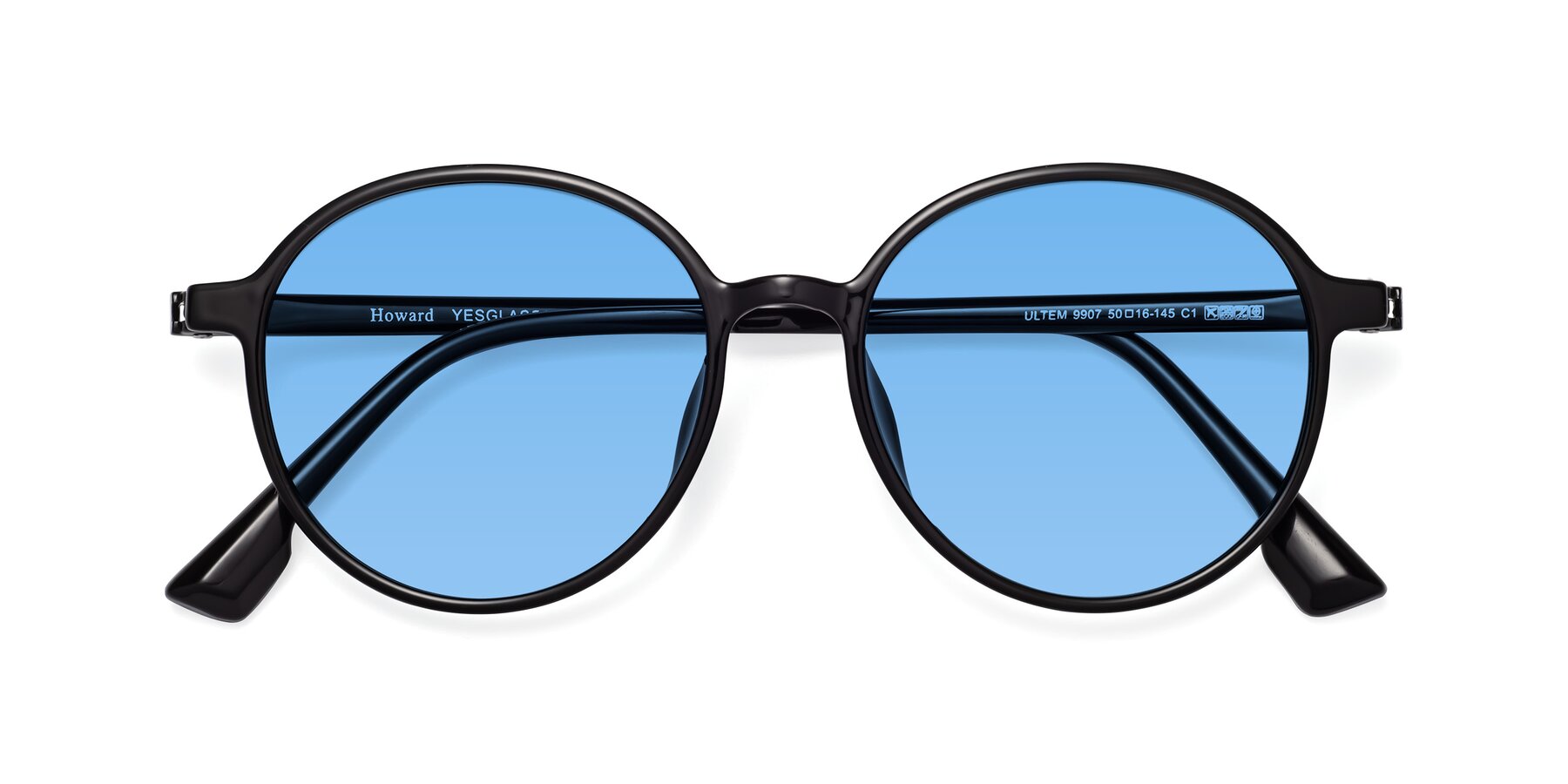 Folded Front of Howard in Black with Medium Blue Tinted Lenses