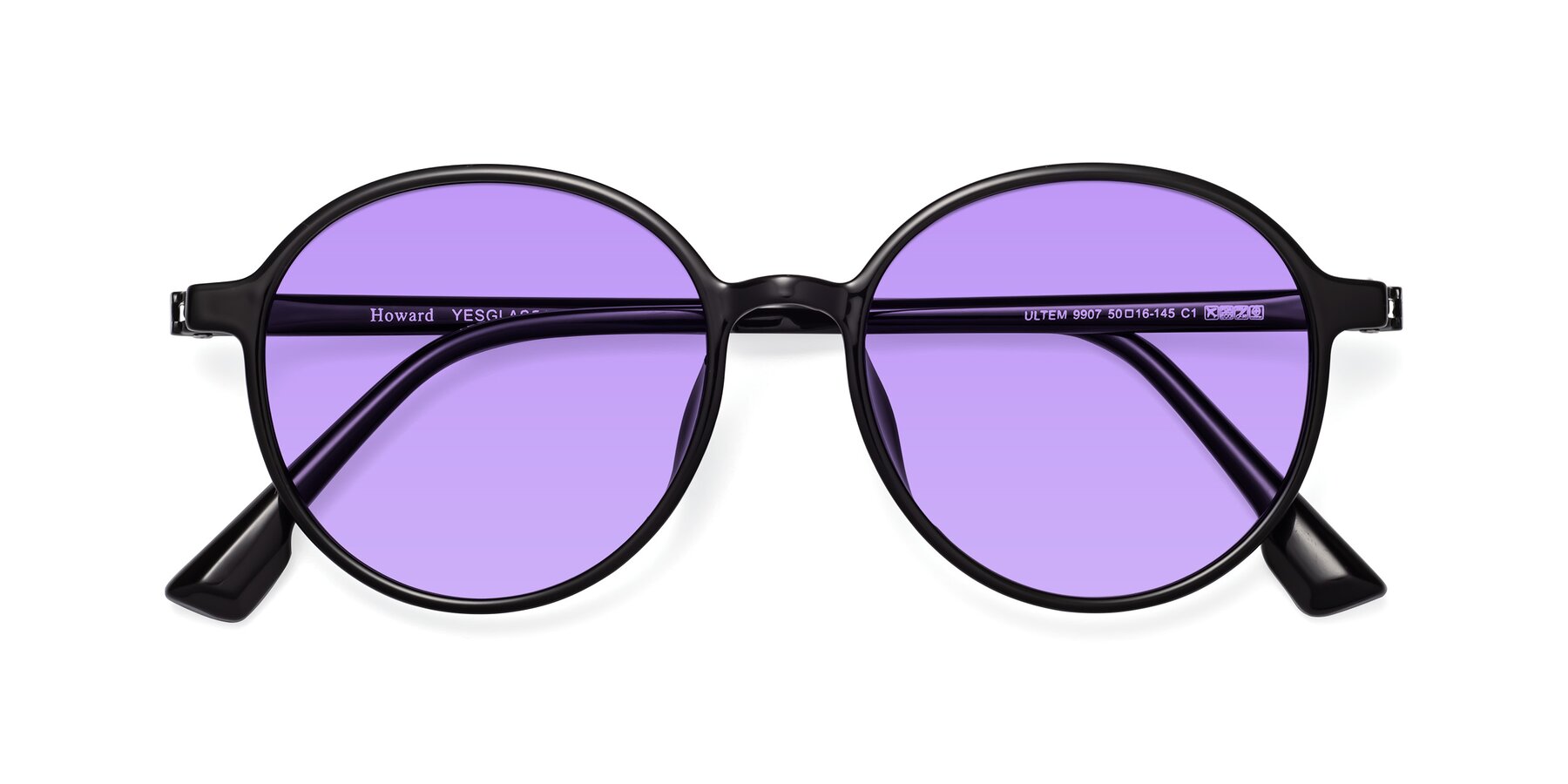 Folded Front of Howard in Black with Medium Purple Tinted Lenses