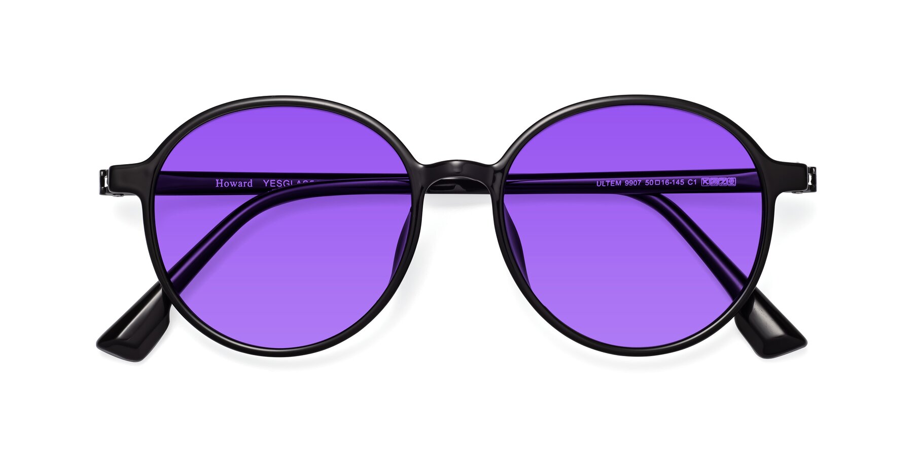 Folded Front of Howard in Black with Purple Tinted Lenses