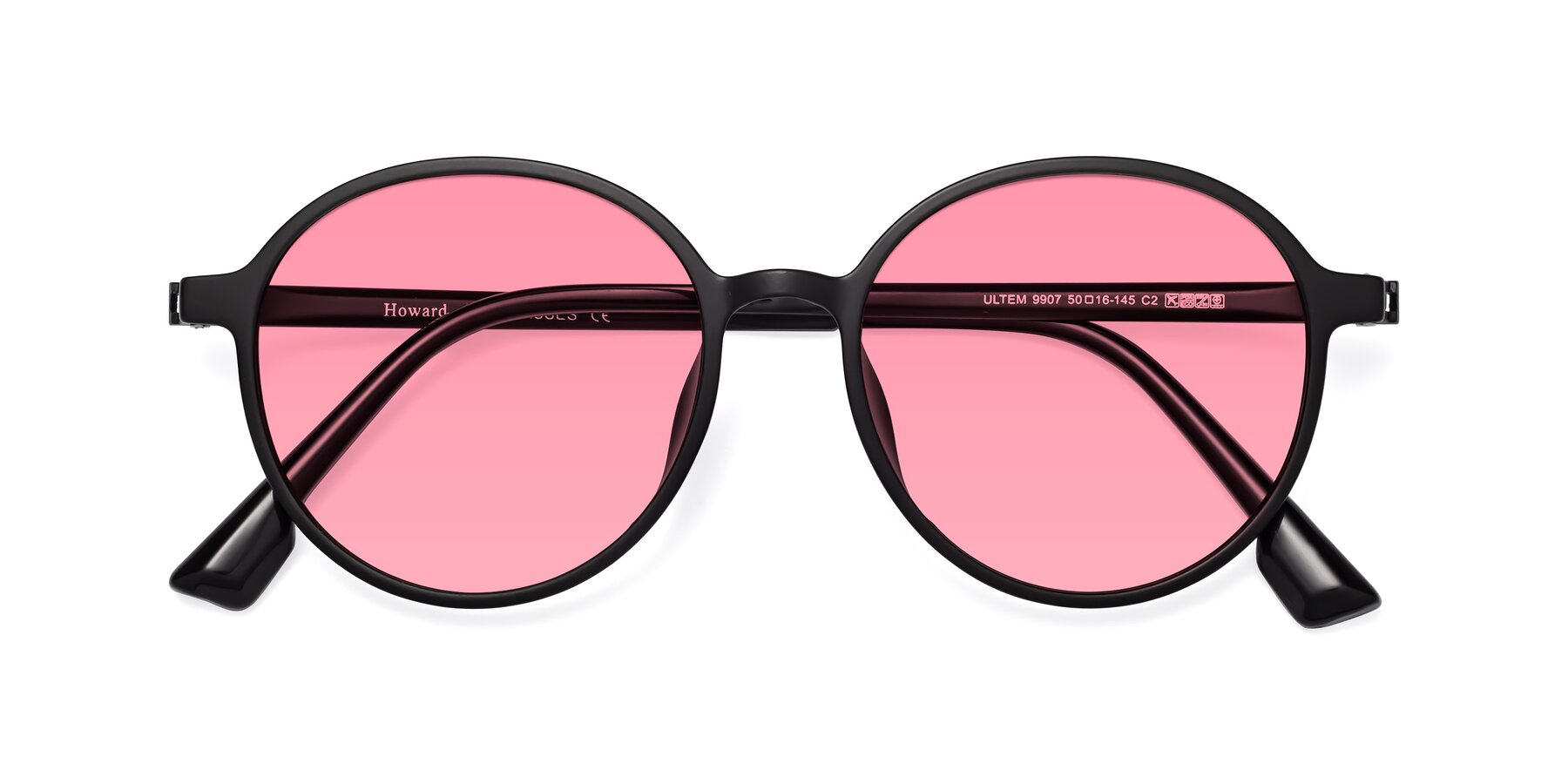 Folded Front of Howard in Matte Black with Pink Tinted Lenses