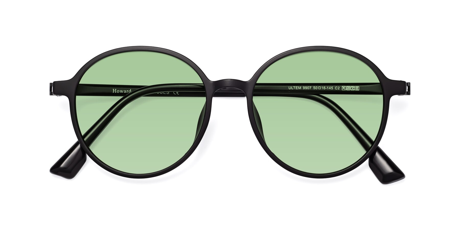 Folded Front of Howard in Matte Black with Medium Green Tinted Lenses