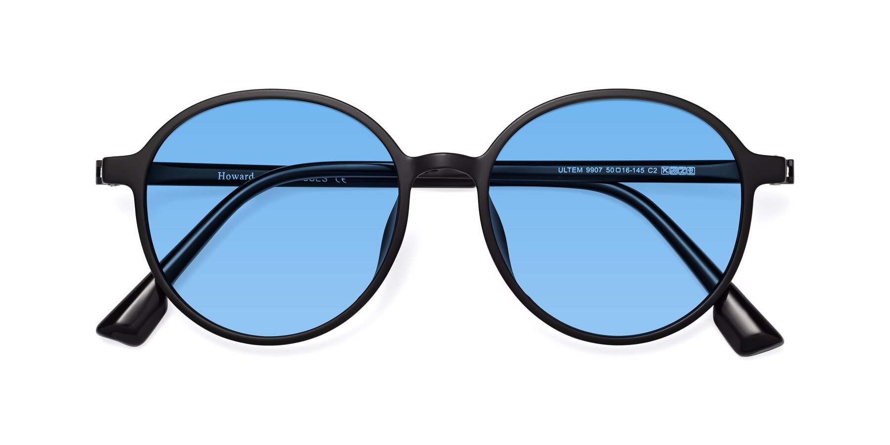 Folded Front of Howard in Matte Black with Medium Blue Tinted Lenses