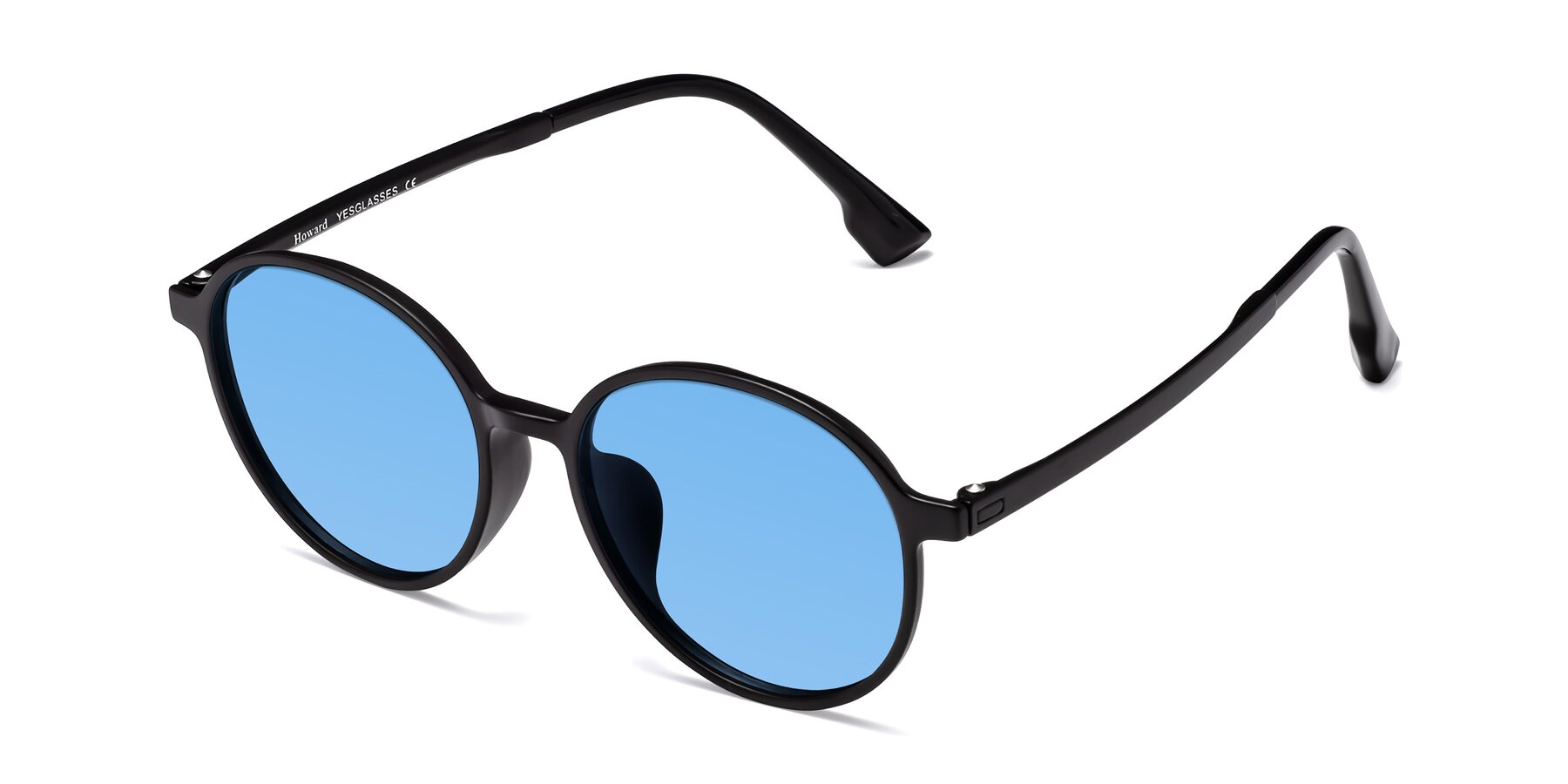 Angle of Howard in Matte Black with Medium Blue Tinted Lenses