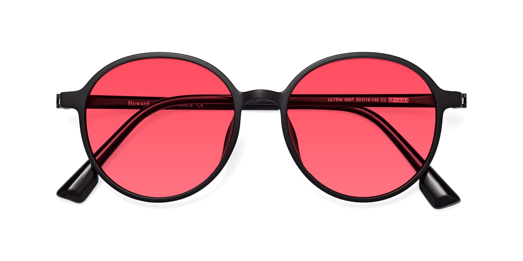 Folded Front of Howard in Matte Black with Red Tinted Lenses