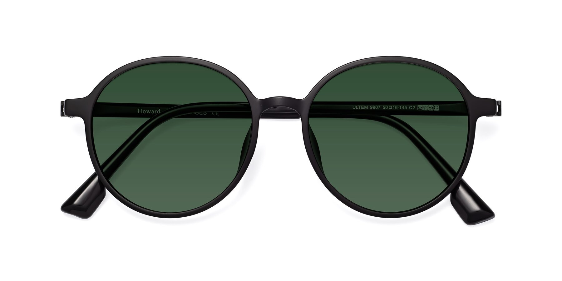 Folded Front of Howard in Matte Black with Green Tinted Lenses