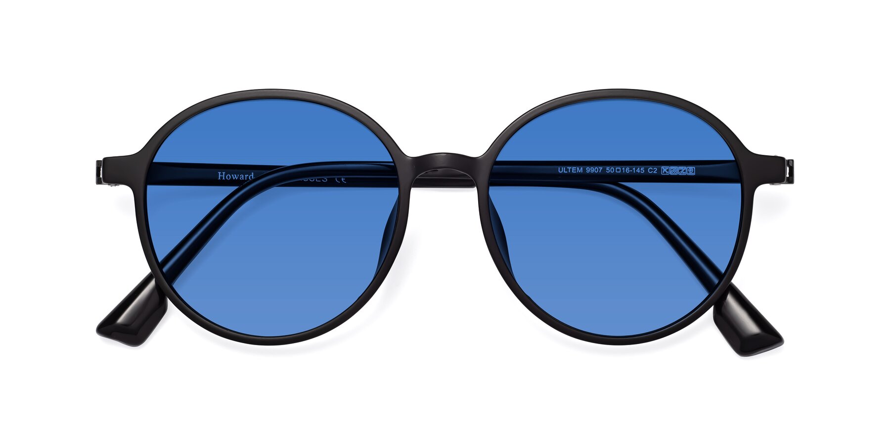 Folded Front of Howard in Matte Black with Blue Tinted Lenses
