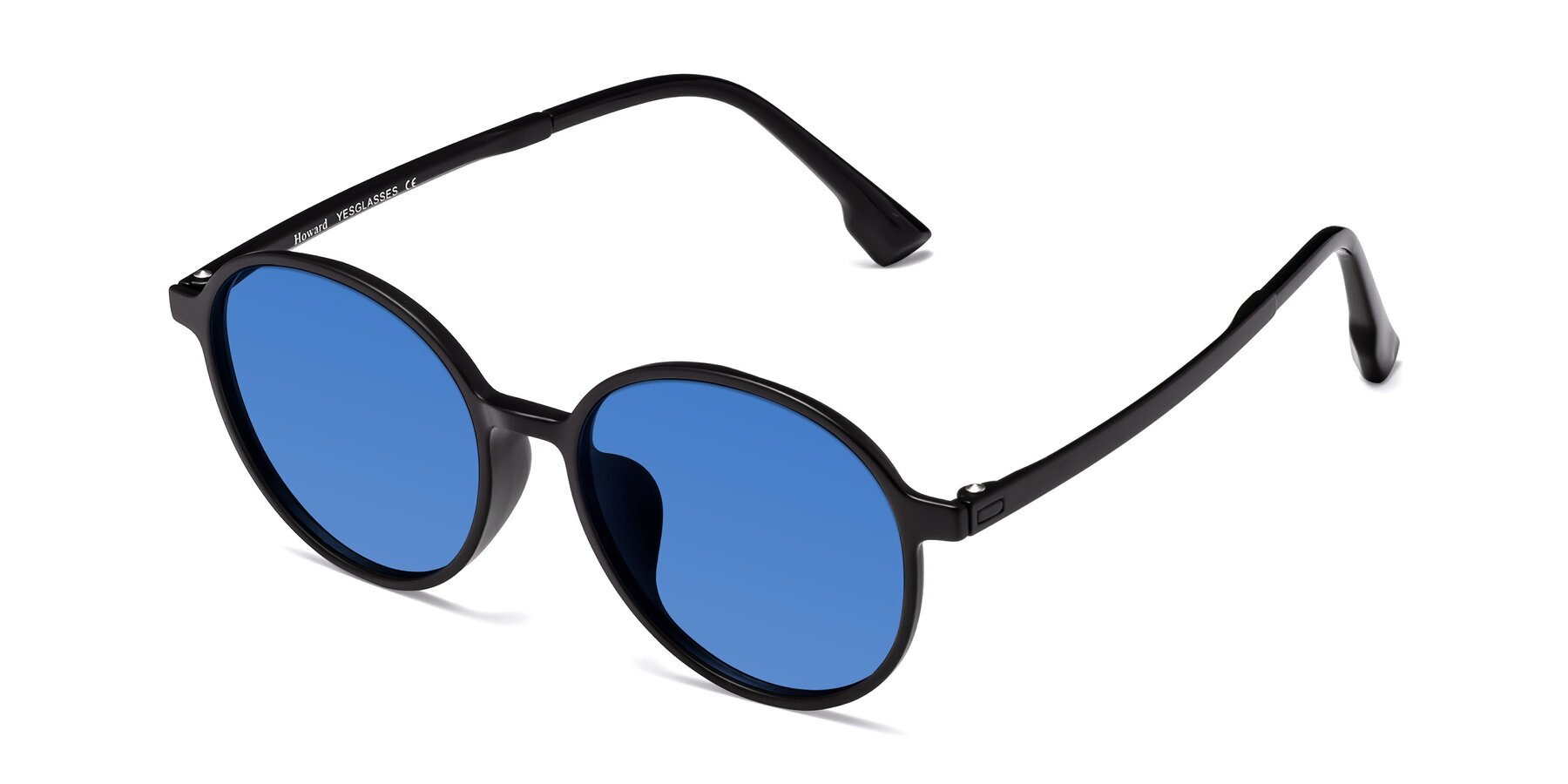 Angle of Howard in Matte Black with Blue Tinted Lenses