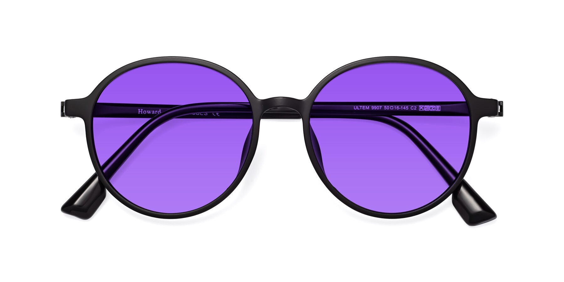 Folded Front of Howard in Matte Black with Purple Tinted Lenses