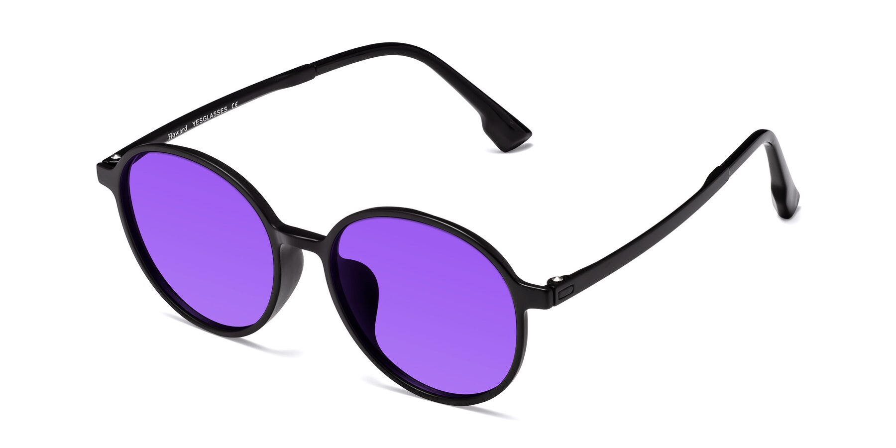 Angle of Howard in Matte Black with Purple Tinted Lenses