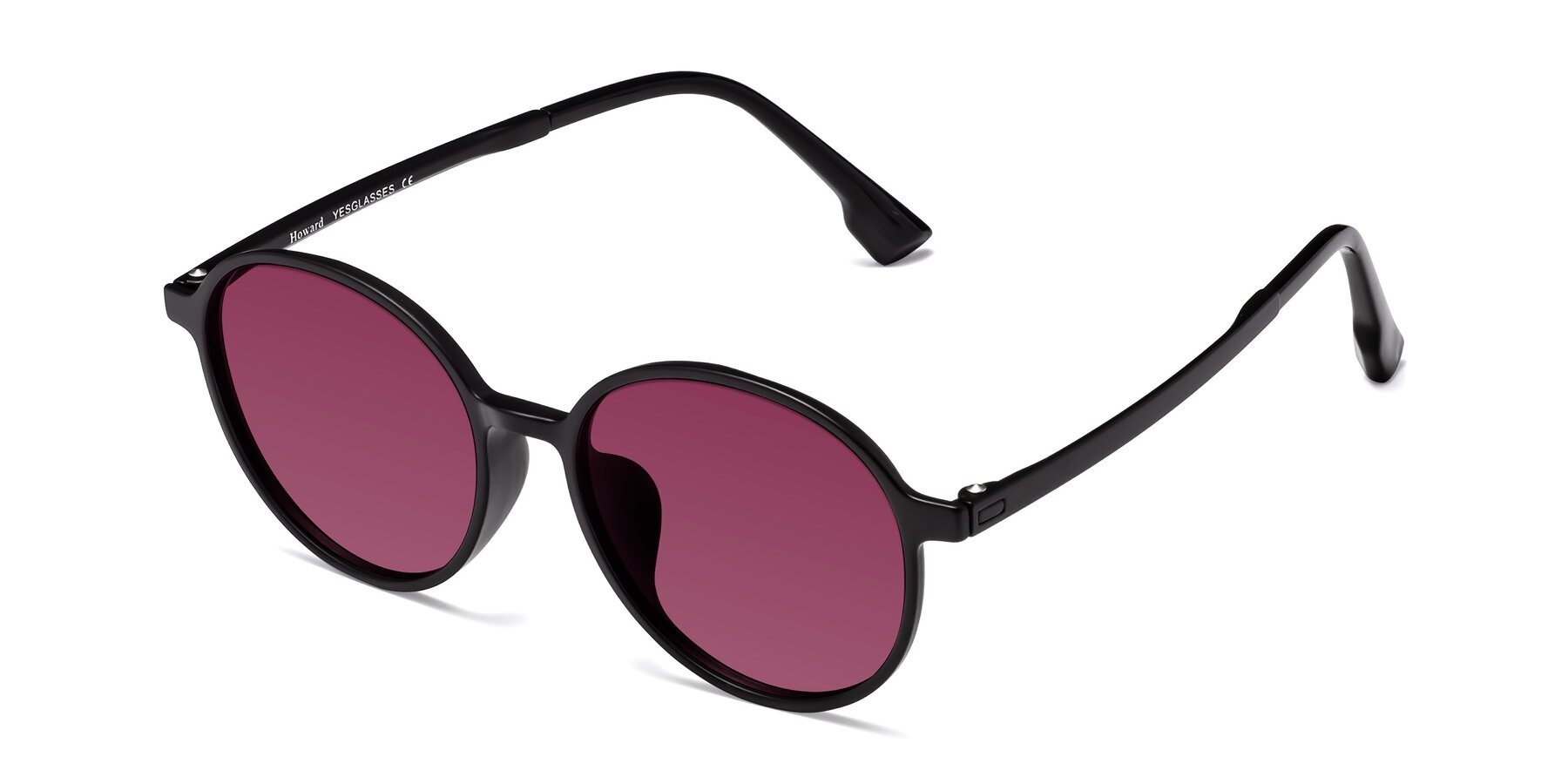 Angle of Howard in Matte Black with Wine Tinted Lenses