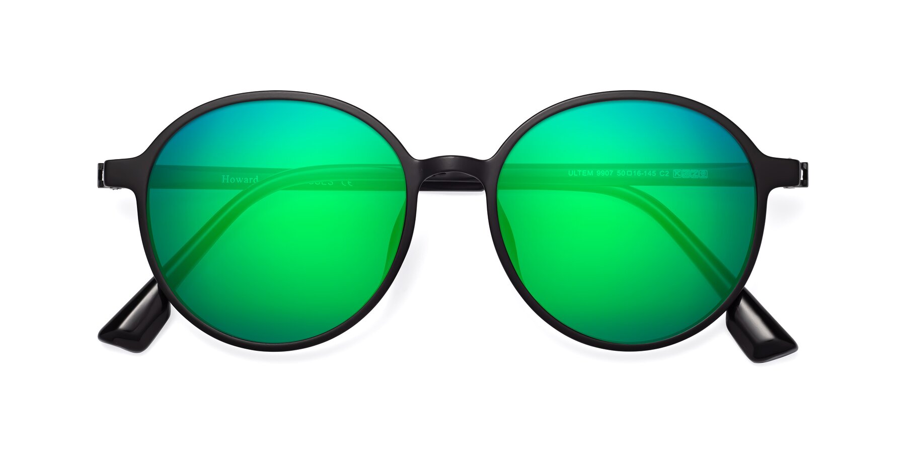Folded Front of Howard in Matte Black with Green Mirrored Lenses