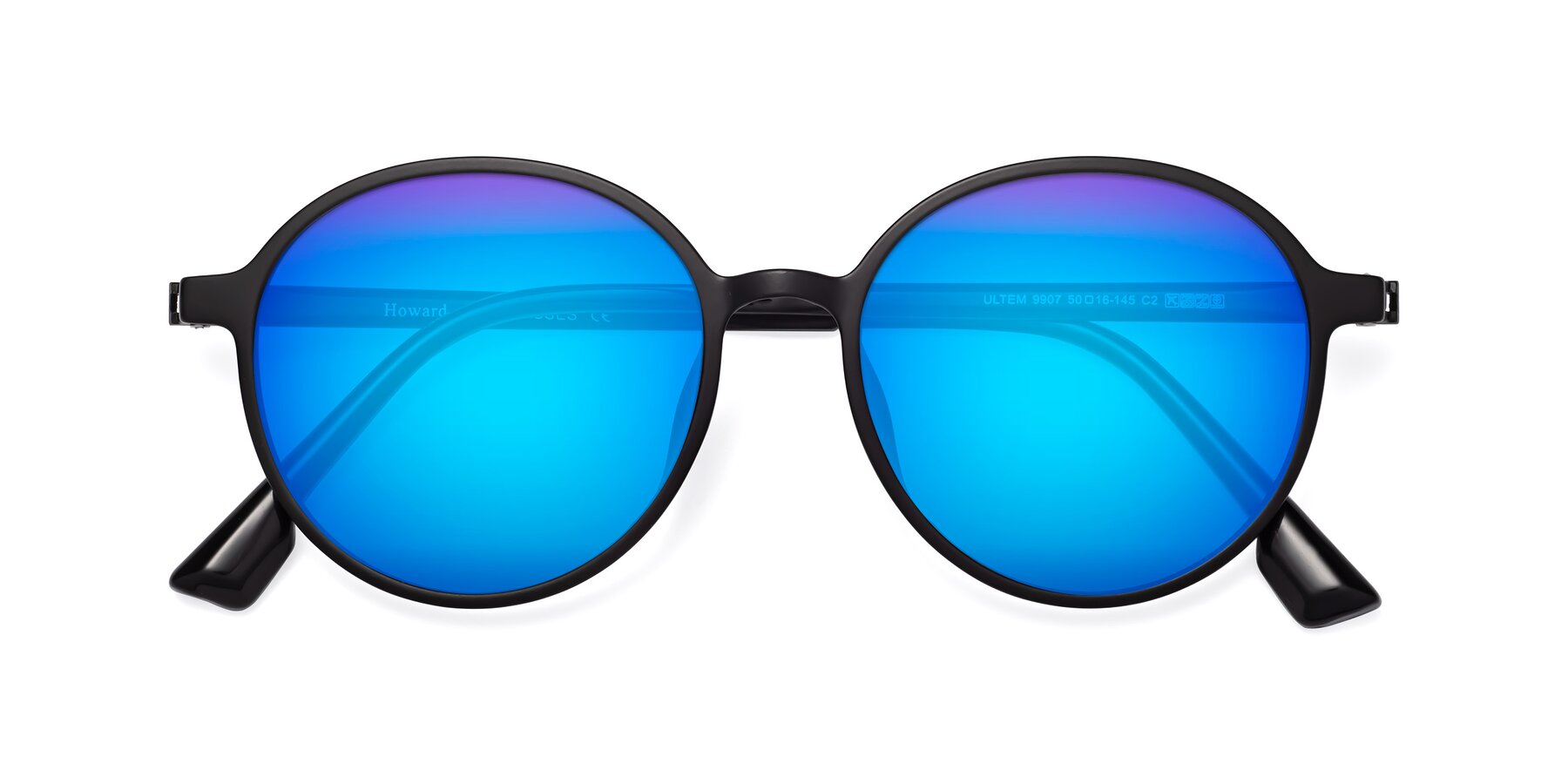 Folded Front of Howard in Matte Black with Blue Mirrored Lenses