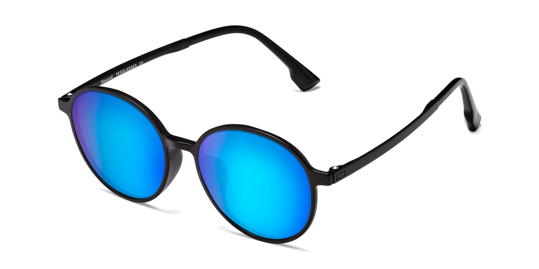 Angle of Howard in Matte Black with Blue Mirrored Lenses
