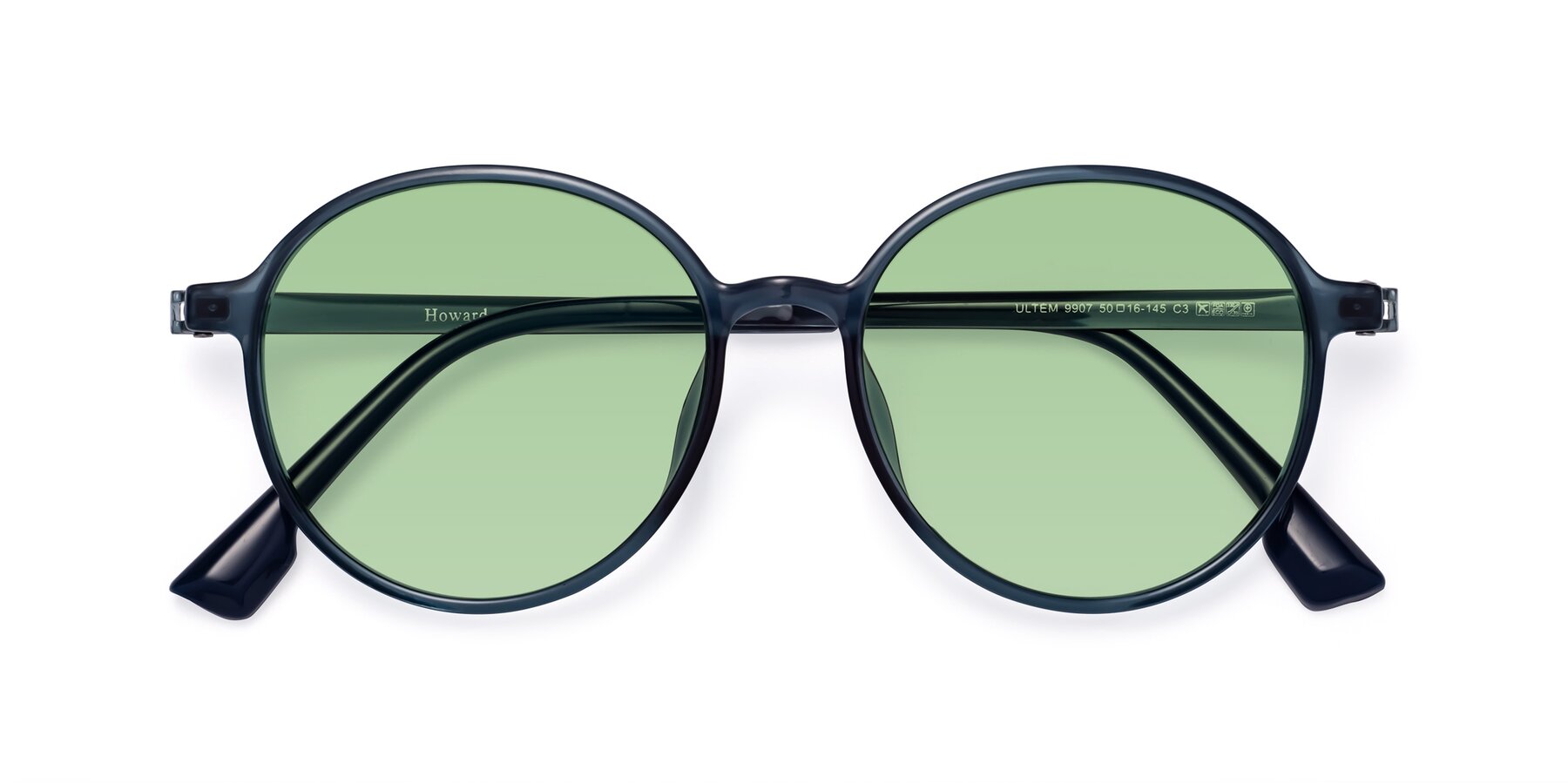 Folded Front of Howard in Deep Sky Blue with Medium Green Tinted Lenses
