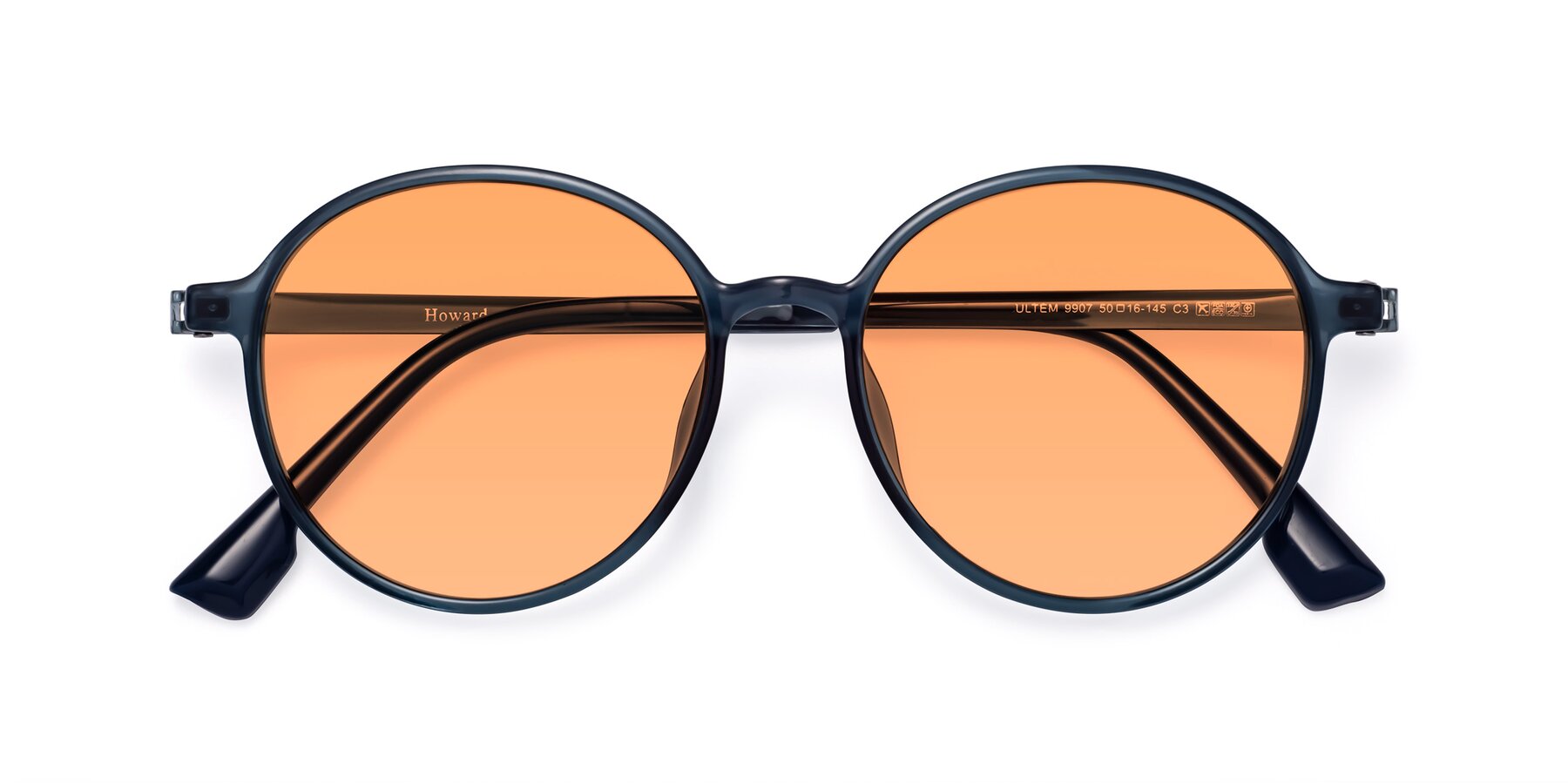 Folded Front of Howard in Deep Sky Blue with Medium Orange Tinted Lenses
