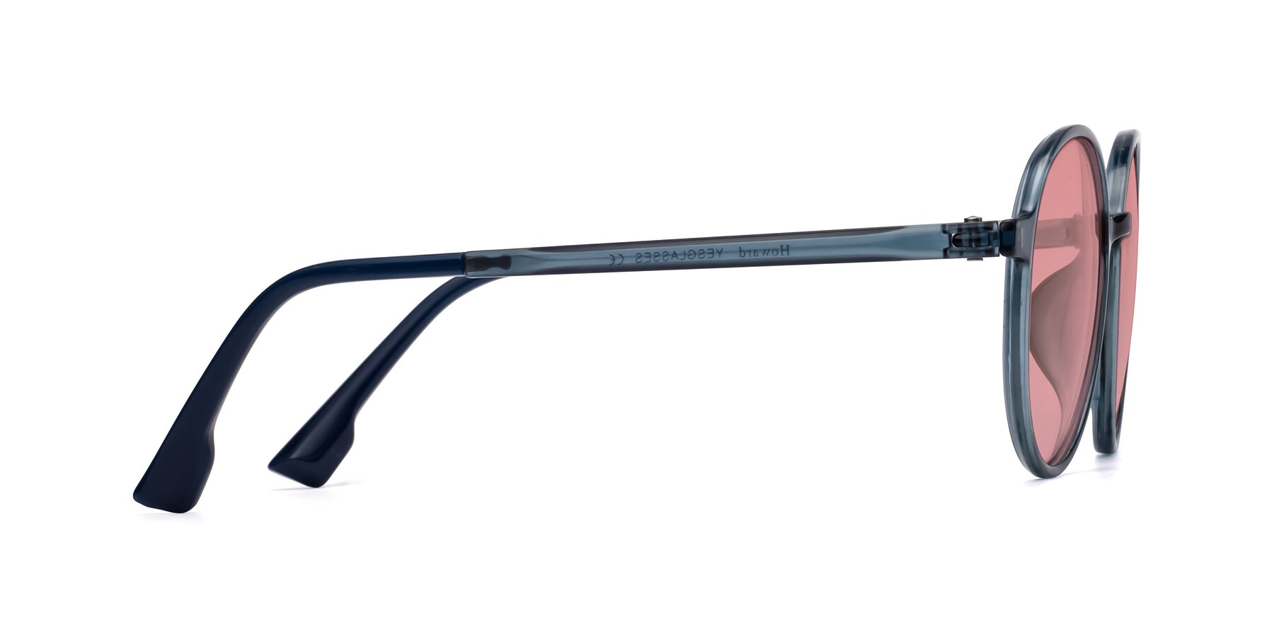 Side of Howard in Deep Sky Blue with Medium Garnet Tinted Lenses