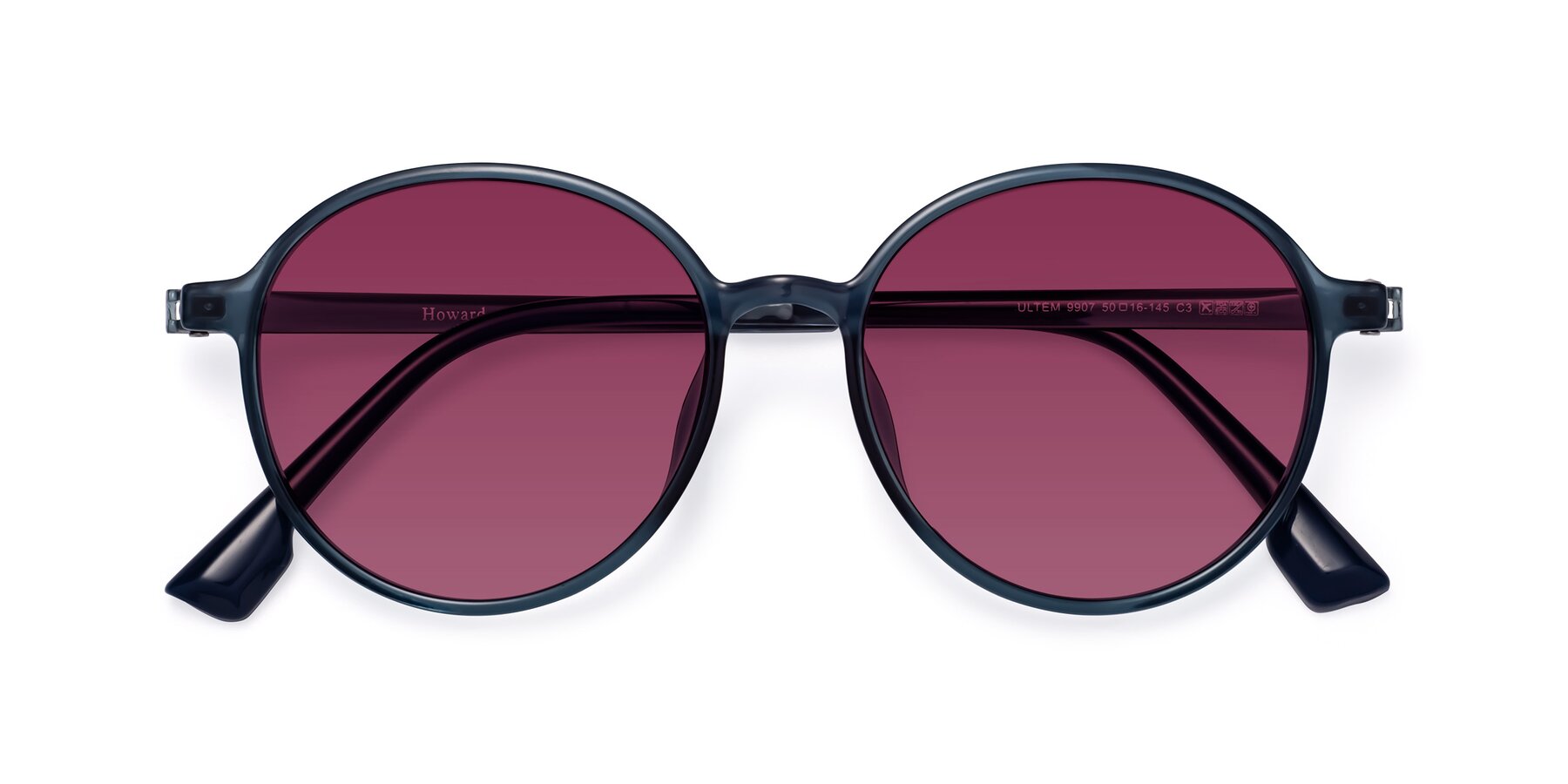 Folded Front of Howard in Deep Sky Blue with Wine Tinted Lenses