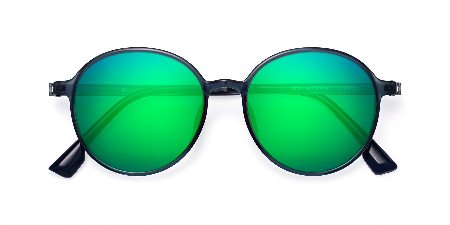 Folded Front of Howard in Deep Sky Blue with Green Mirrored Lenses